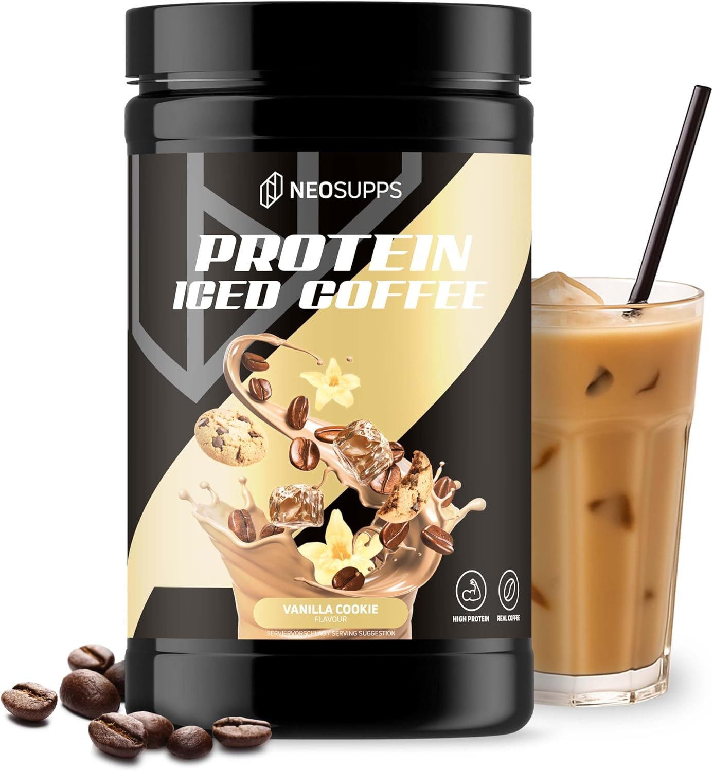 Neosupps Protein Iced Coffee Vanilla Cookie 500g, Eiweißkaffee, 20g Protein Pulver, 500 g, 80mg Koffein pro Portion, Low Sugar Protein Drink mit Kaffee