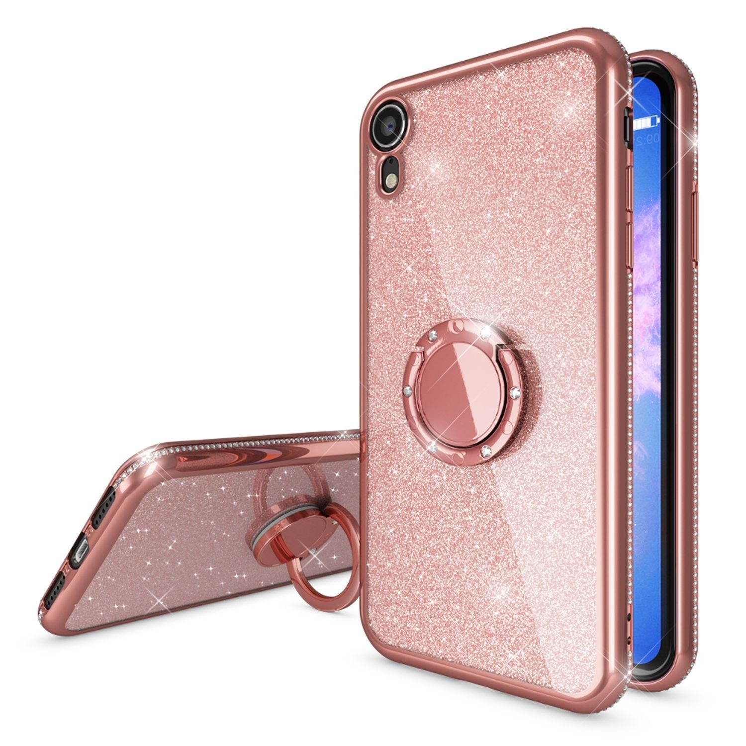 Nalia Smartphone-Hülle Apple iPhone XR, Glitzer Ring Silikon Hülle / 360 Grad Finger-Halter / Standfunktion