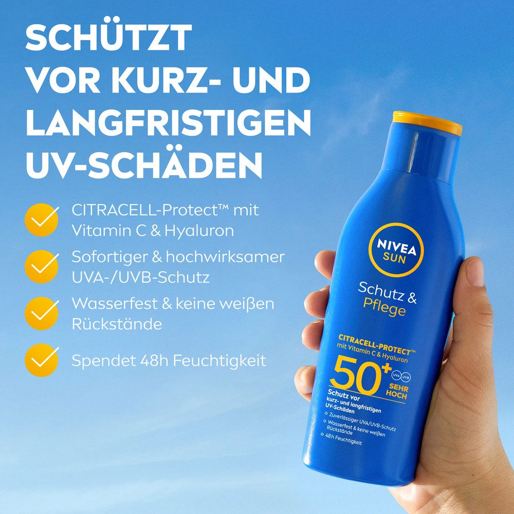 Nivea Sun Sonnenschutzlotion Schutz & Pflege Lotion LSF50+ mit Labello Sun Gratis, 2-tlg., mit Vitamin C und Hyaluron, 48 Stunden Feuchtigkeit, zieht schnell ei – Bild 4 von 5