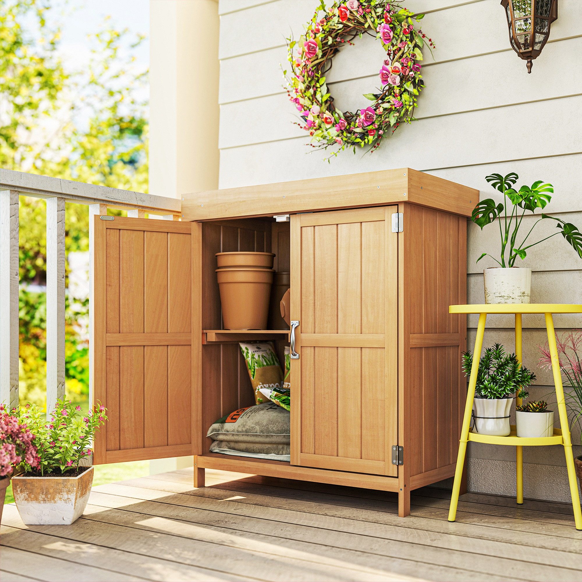 Outsunny Gerätehaus Gartenschrank Tannenholz, Geräteschuppen wetterfest 2 Fächern, BxT: 74x43 cm, (Geräteschuppen, 1 St., Gartenschrank), für Garten, Natur