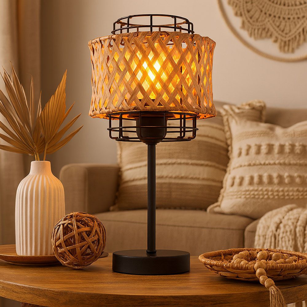 GLOBO LIGHTING LED Tischleuchte, Leuchtmittel inklusive, Warmweiß, LED Tischleuchte Metall Bambus Boho Stil Tischlampe Leselampe schwarz