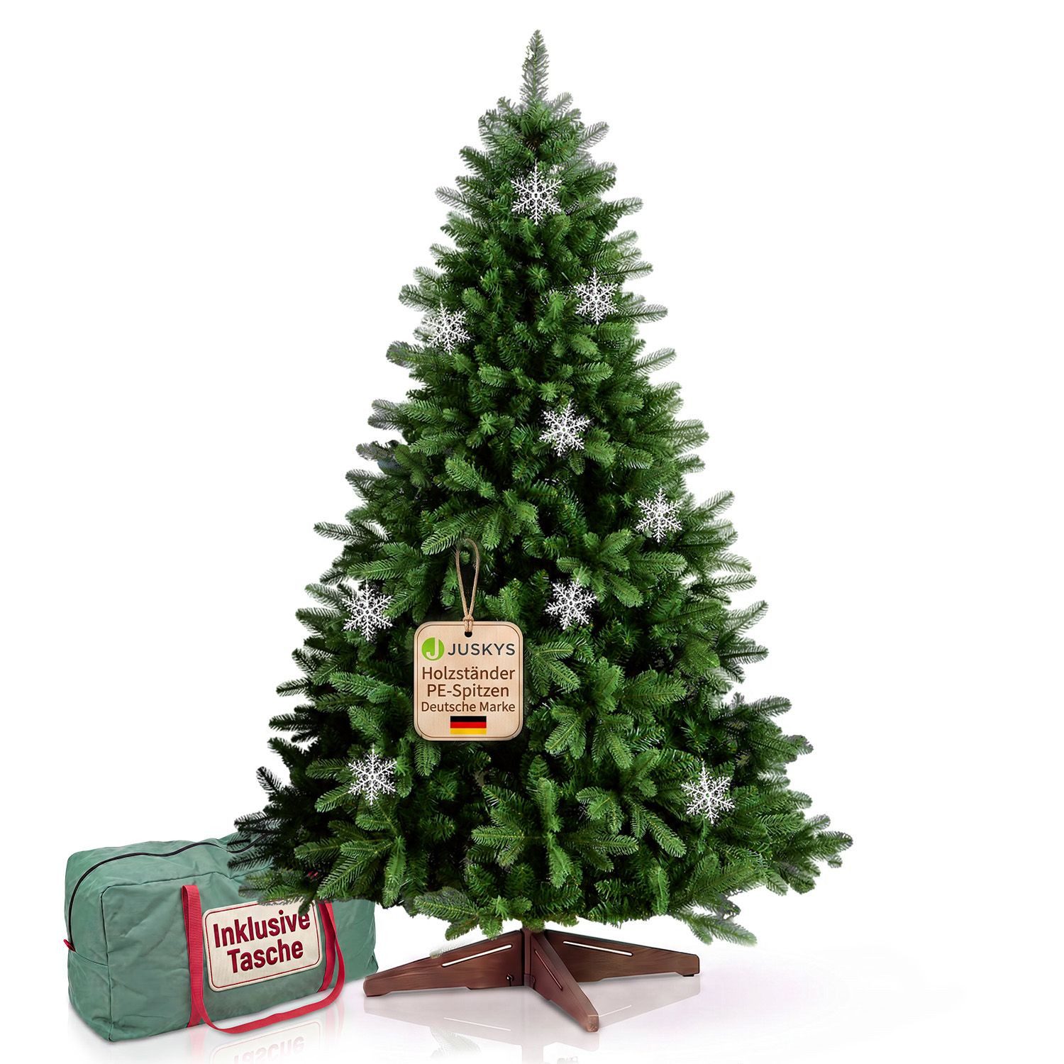 Juskys Künstlicher Weihnachtsbaum Norvi L, 180 cm hoch in Grün mit Holzständer & Schneeflocken-Deko, Nadelbaum, Christbaum mit PE-Spitzen, Ø 125 cm, inkl. Aufbewahrungstasche