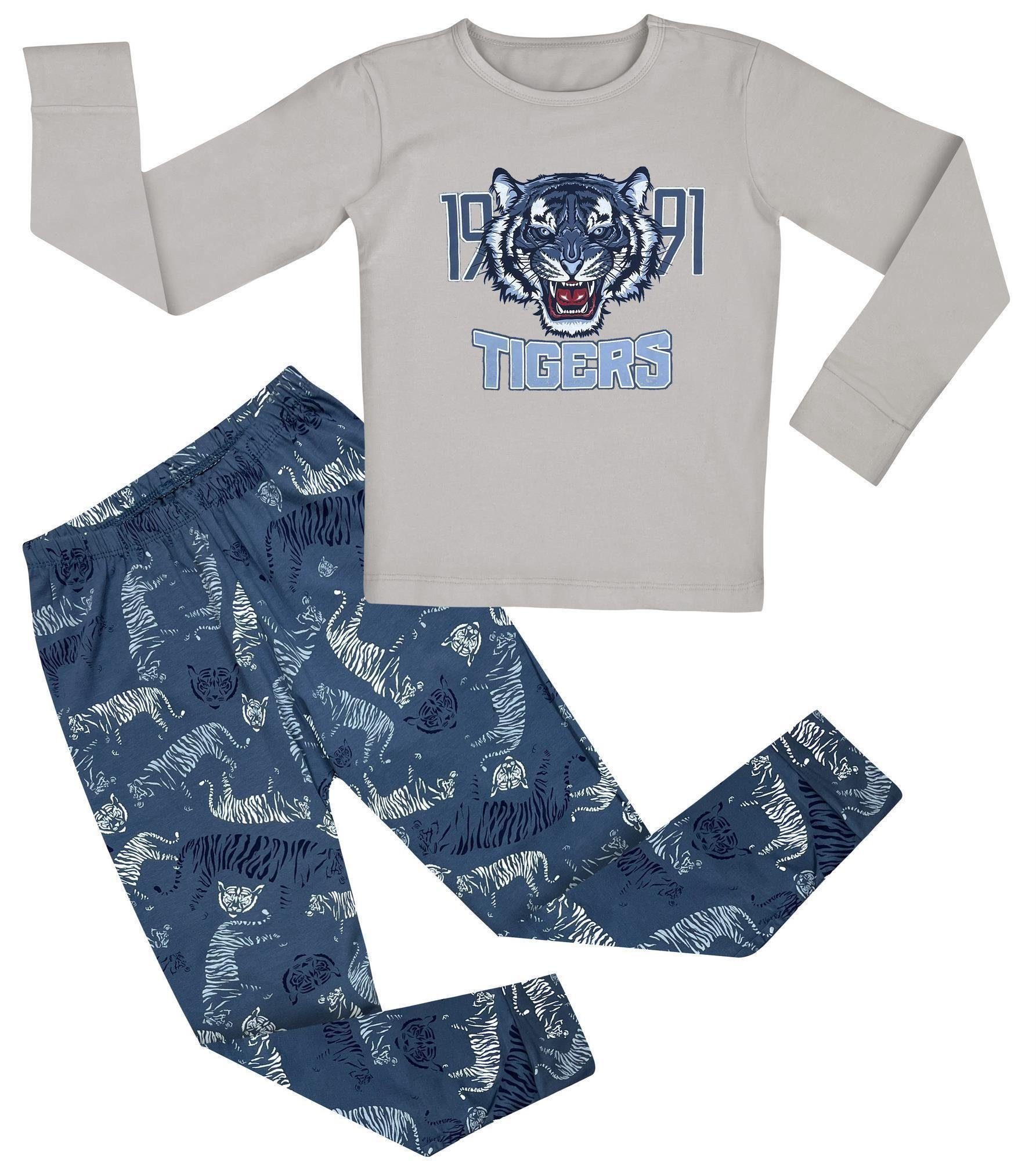 LOREZA Pyjama Langarm Jungen Schlafanzug Grau zweiteiliger (Set, tlg) TIGER Baumwolle 2