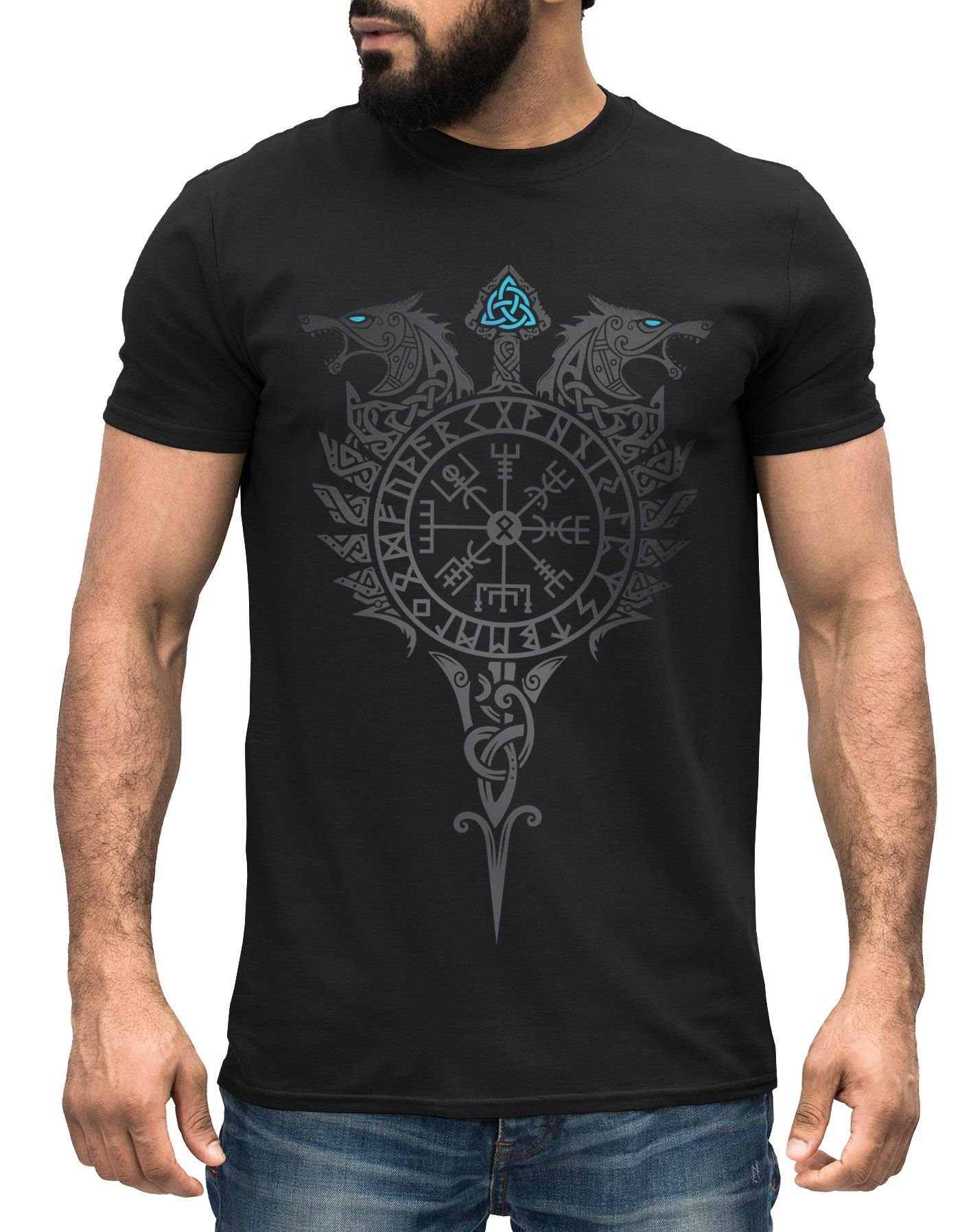 Print-Shirt Herren T-Shirt Fenrir Wolf Vegvisir Wikinger Odin Schwert Runen