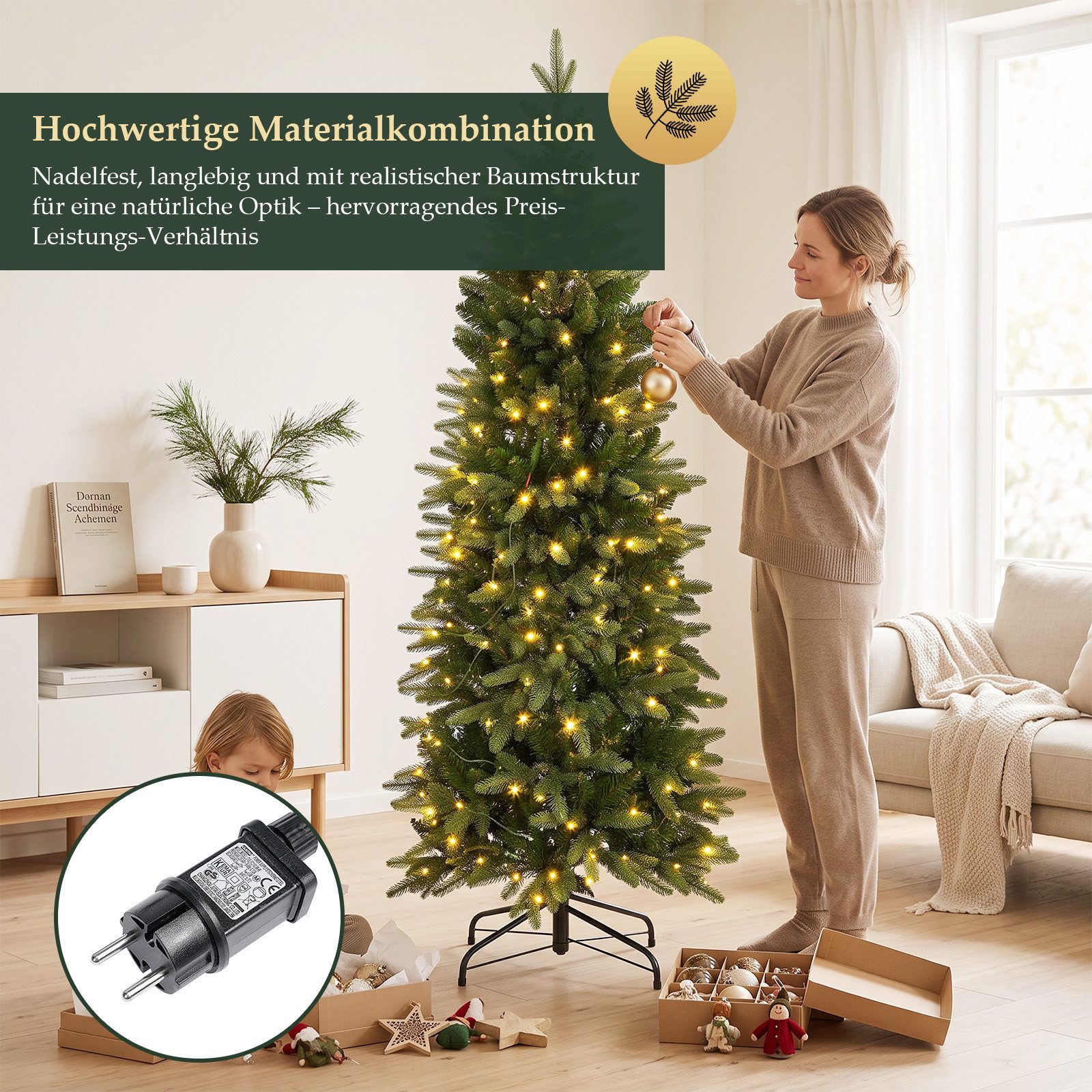 Salcar Künstlicher Weihnachtsbaum Schmal Weihnachtsbaum mit Beleuchtung Tannenbaum Bleistift Kunstbaum, Tanne, 120 cm mit 476 Spitzen (276 PE & 170 PVC) und 100 – Bild 4 von 5