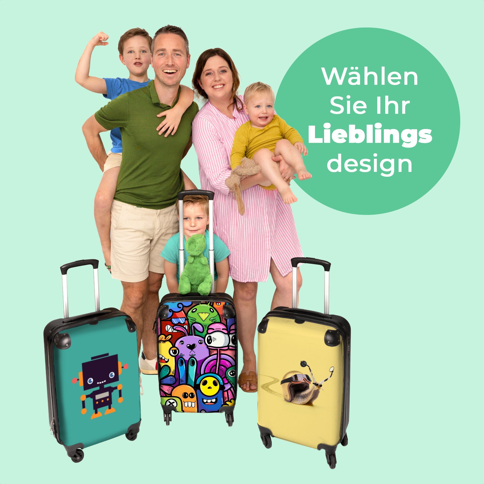 - mit Kinder, 55x35x20cm Ferien, - Monster - NoBoringSuitcases.com© - Lustig rollen, Kinderkoffer Design Handgepäck Blumen Regenbogen Koffer für 4 Rollen, - Reisetasche Kindertrolley,