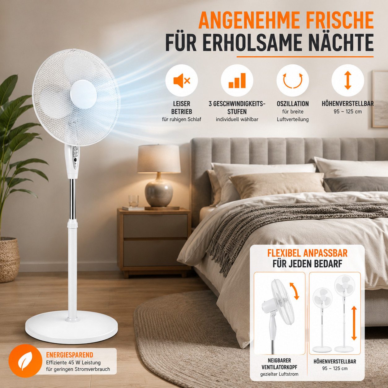 Ertex Standventilator Ventilator Standventilator 45W, 40 cm, Höhe 125 cm, Weiß RUNDFUSS