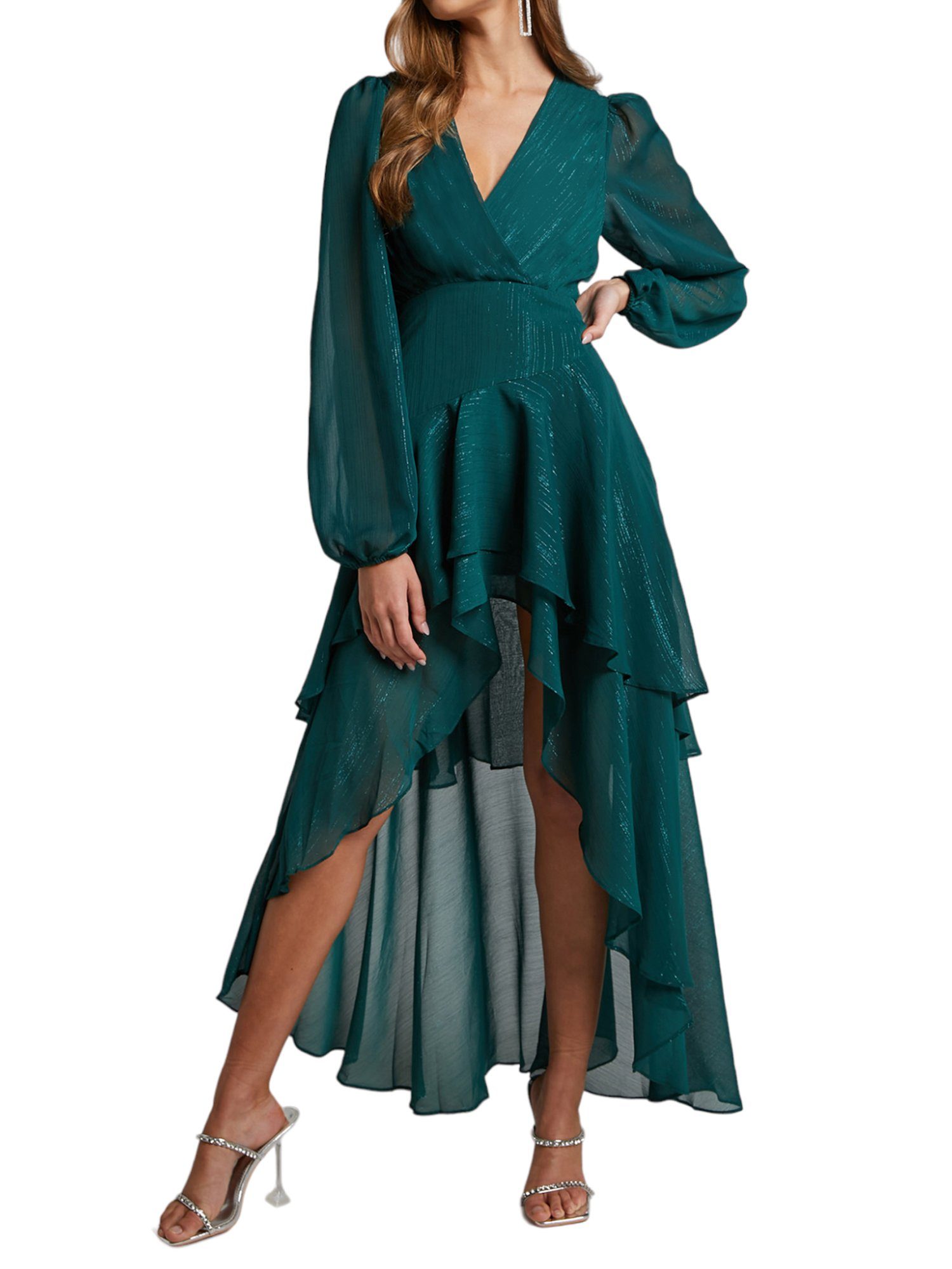 PYL Cocktailkleid Damen Weihnachten Maxikleid mit Glänzend, Abendkleid mit  High-Low 34-42 Größe