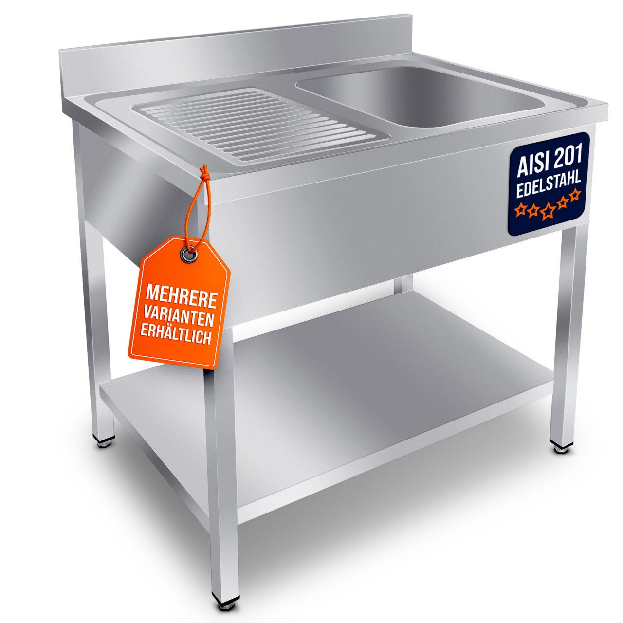 GastroHero Arbeitstisch Spültisch 100x60 cm - Edelstahl mit Becken - Gastro - Spüle, AISI201-Edelstahl, Grundboden, nach Hygienerichtlinien produziert