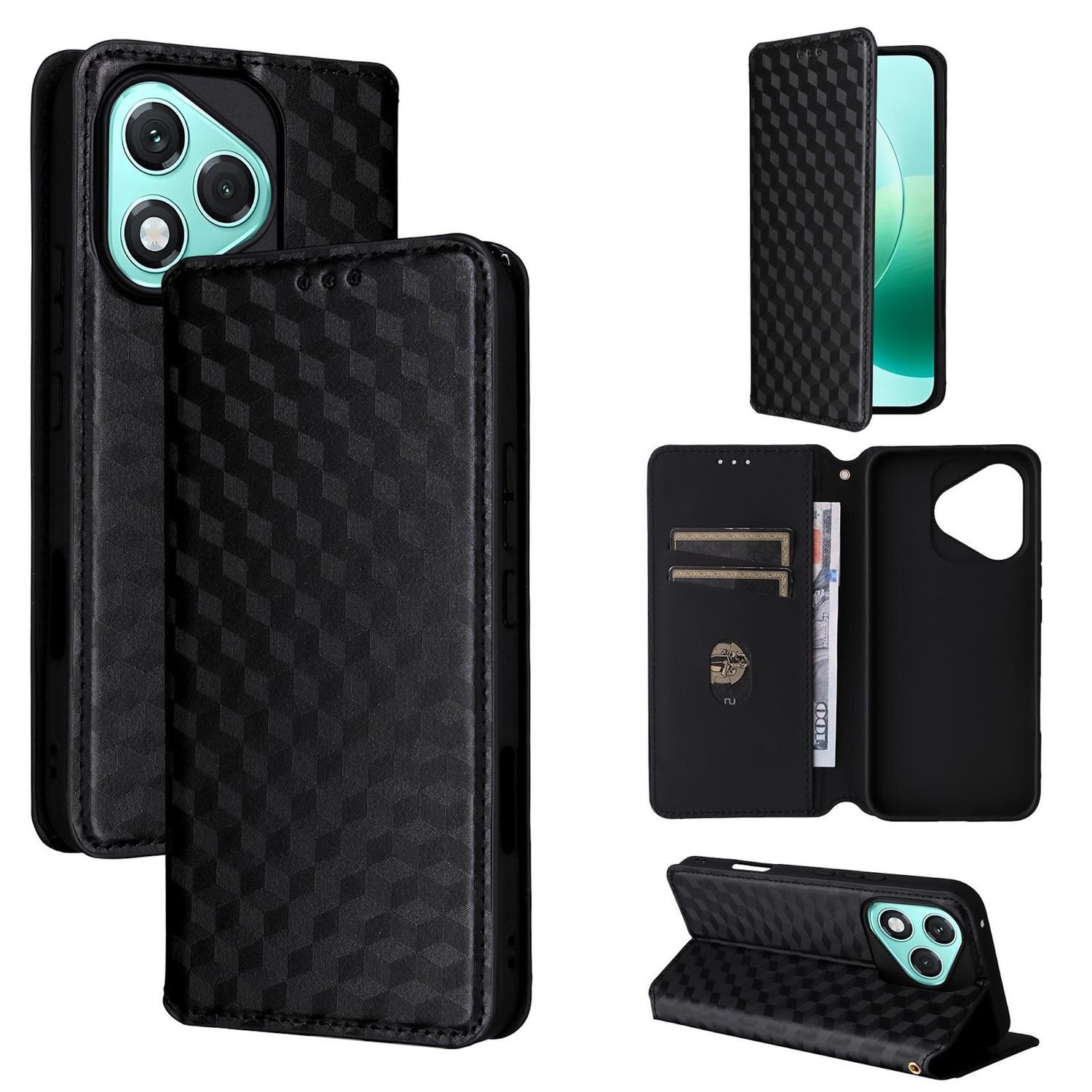 Wigento Smartphone-Hülle Für Honor 400 Lite Cubic Design Flip Kunstleder Wallet Hülle Schwarz, Flip Case mit Kartenfächern und strukturierter Oberfläche