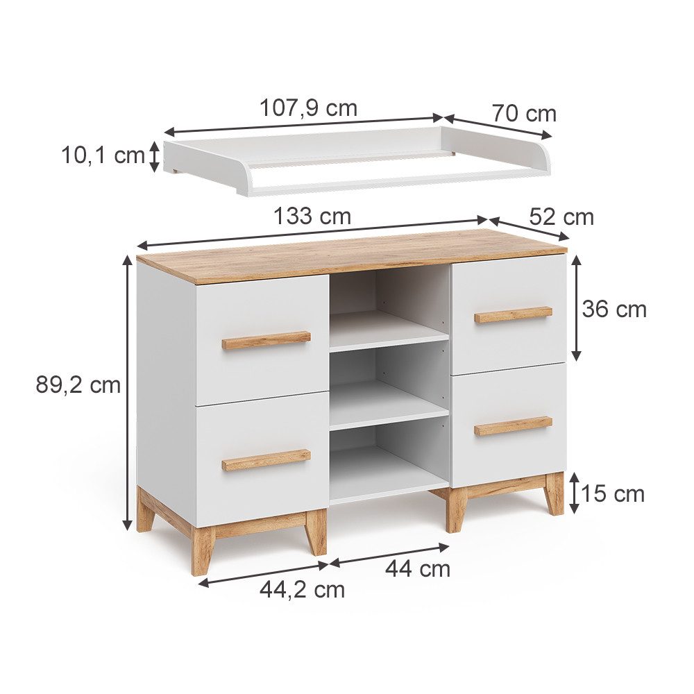 VitaliSpa® Wickelkommode Malia, Weiß/Artisan/Artisan, 133 x 98 cm XL mit 4 Schubladen