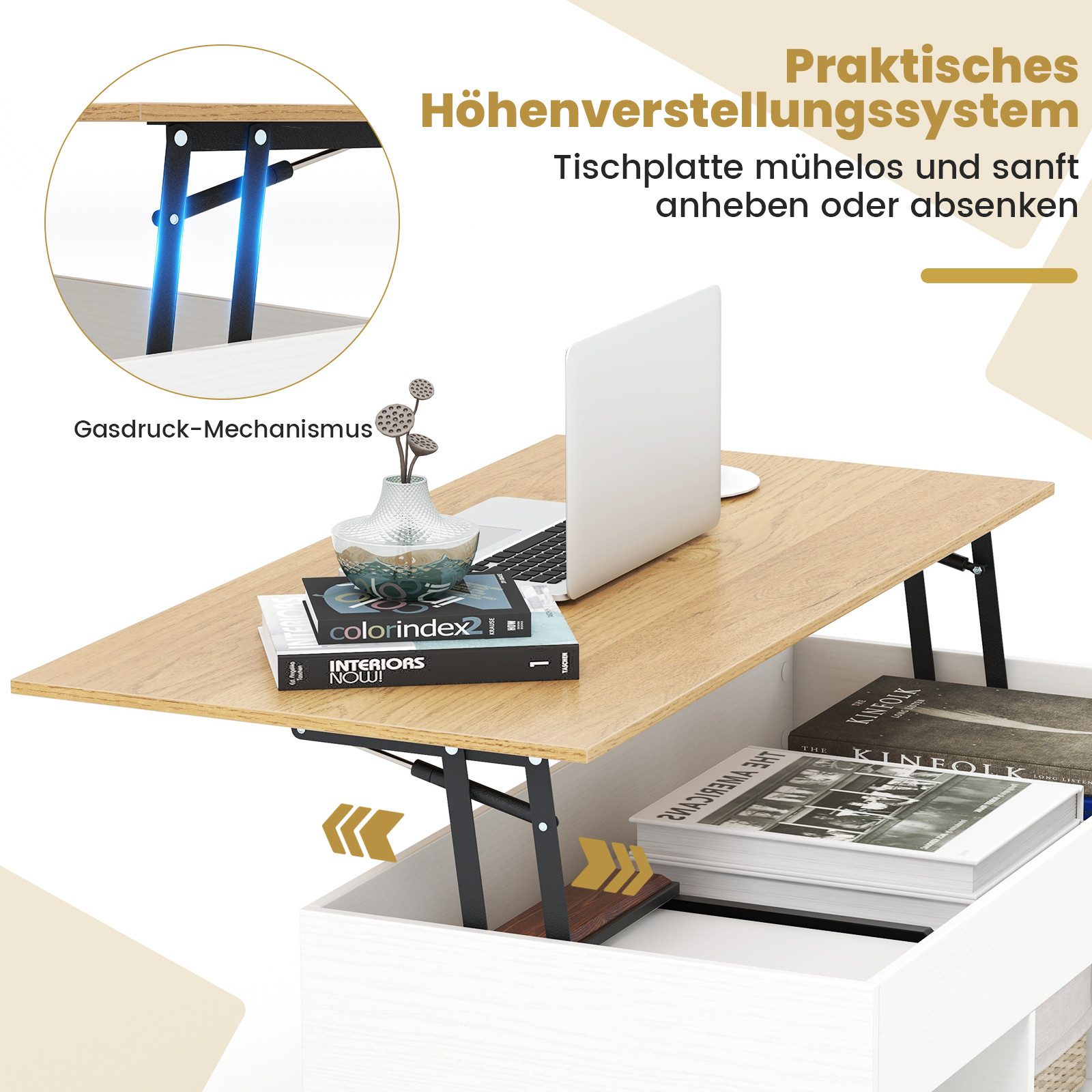 COSTWAY Couchtisch Wohnzimmertisch höhenverstellbar, mit Stauraum, Holz – Bild 3 von 5