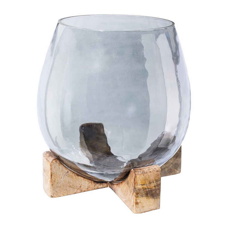 Georg Stiels Dekoobjekt aus Glas und Mangoholz, leicht getöntes Glas, metallischer Glanz, moderner Holzsockel