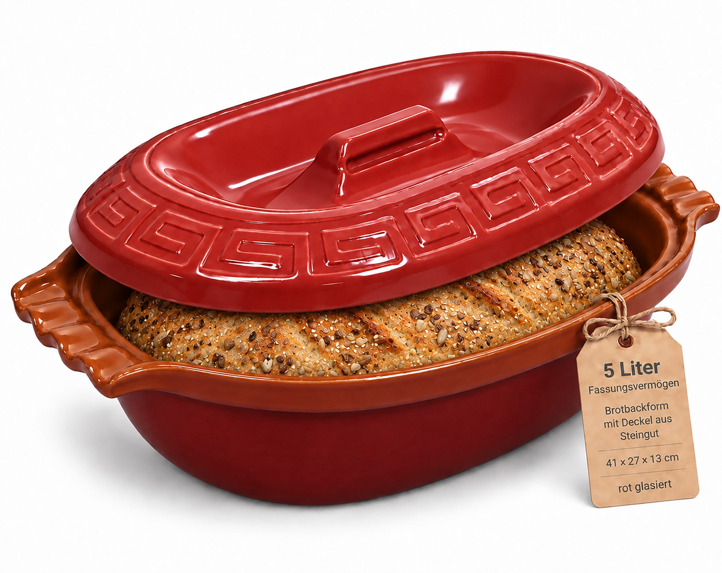 KERAZO Brotbackform 5L Keramik Bräter oval mit Deckel Brottopf Auflaufform 41x27x13cm, rot, Mit dekorativem Relief am Deckel und markant geformten Seitengriffen