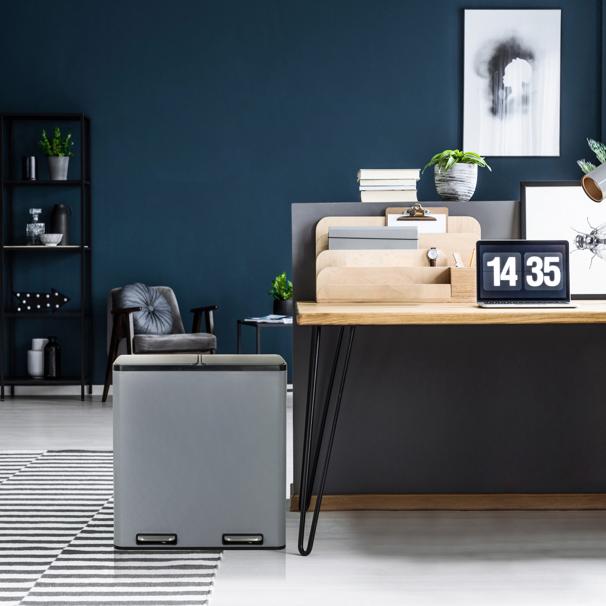 hjh OFFICE Mülleimer Mülleimer Clean 13 Stahlblech, 60 Liter, Mülltrennsystem Küche mit 2 Fächern (2 x 30L)