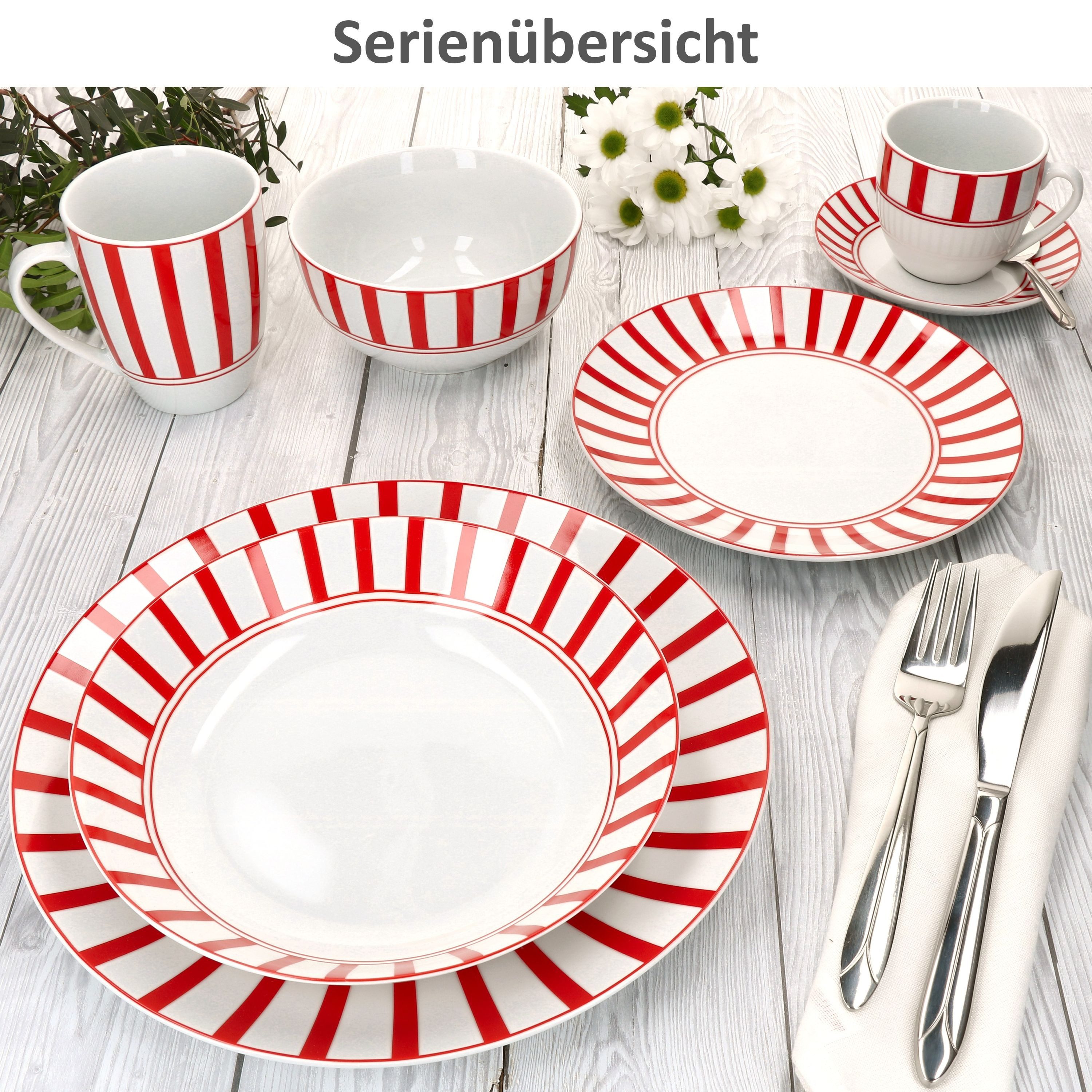 MamboCat Kombiservice Split rot 30tlg Kombiservice Tassen Untertassen Teller Streifen, Porzellan – Bild 4 von 5