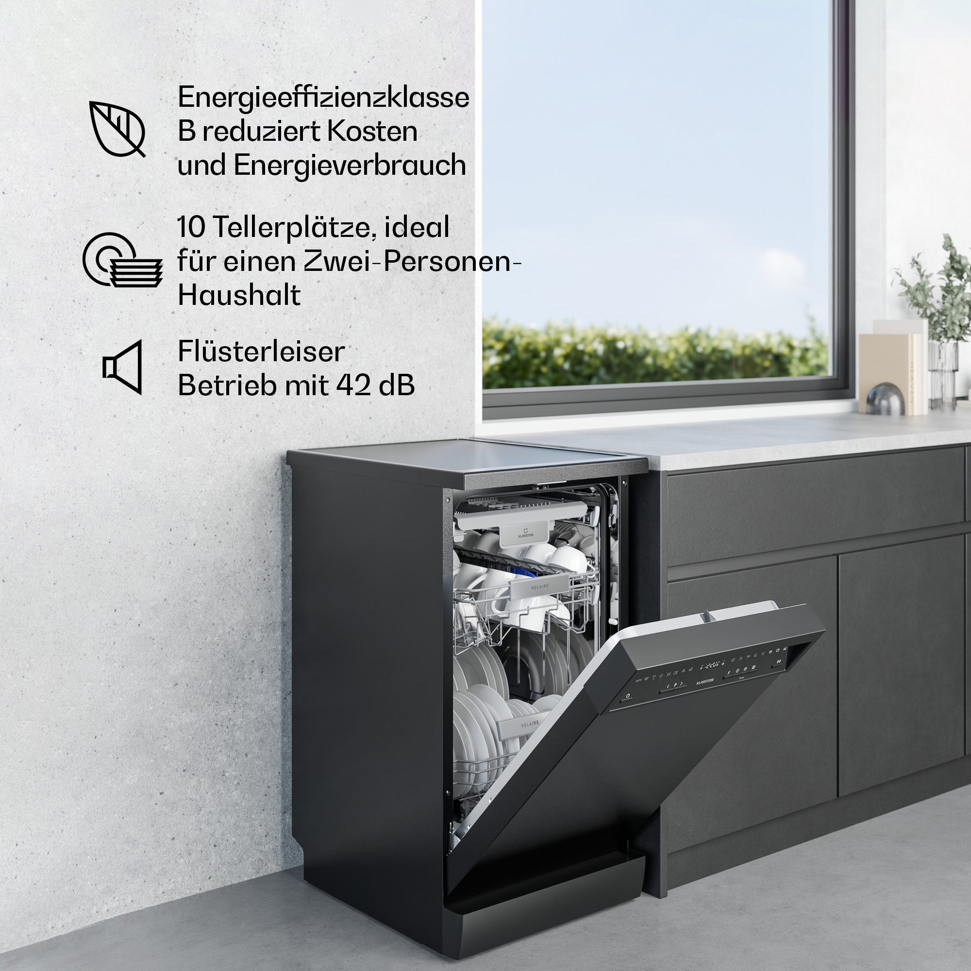 Klarstein Standgeschirrspüler Velaire Geschirrspüler freistehend 45 cm 9 Programme 42 dB AquaStop 10047461, 9 l, Spülmaschine Standgeschirrspüler mit Selbstrein – Bild 4 von 5