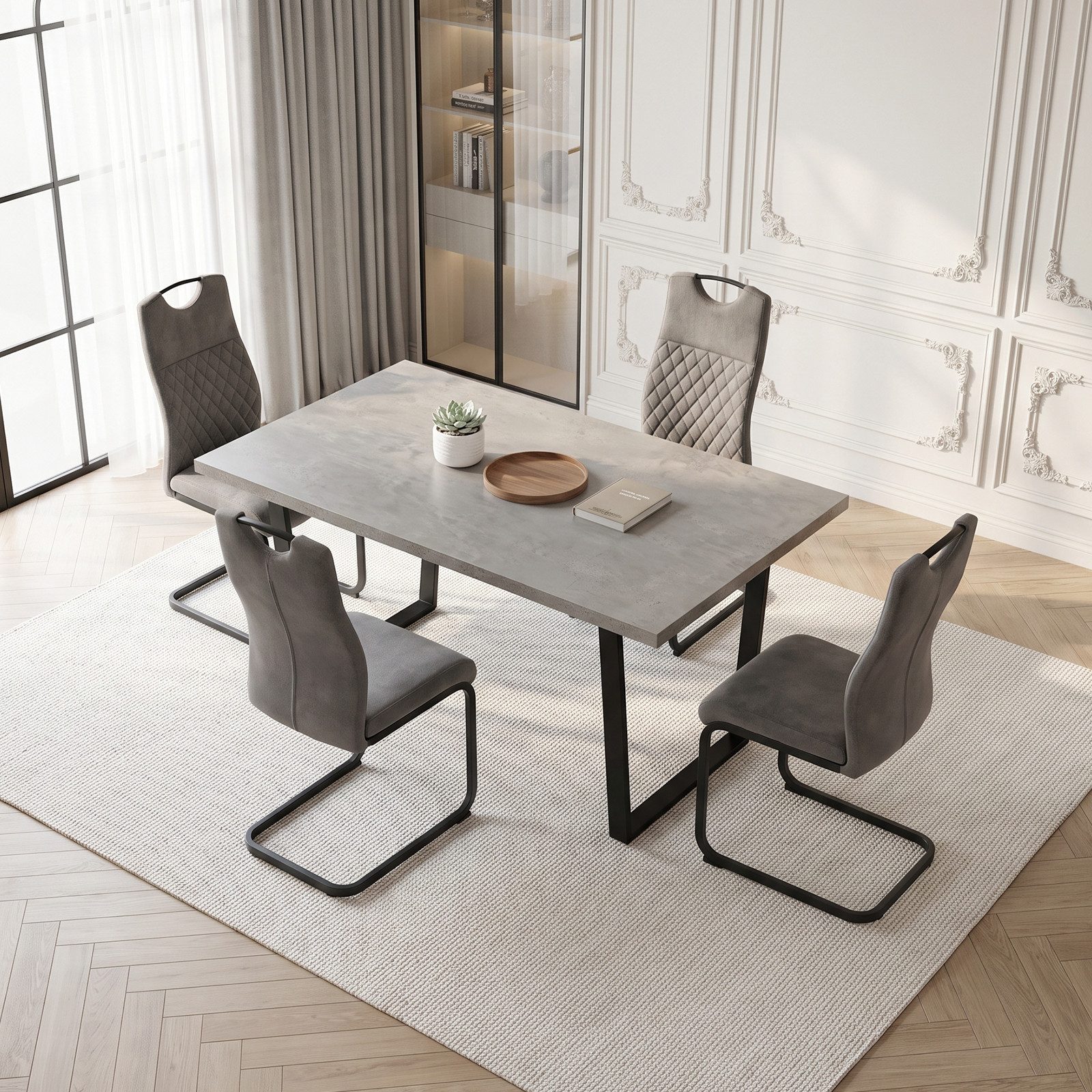 Jiexi Essgruppe Essgruppe fest 110x70 MDF Grau Tisch Set mit Hightech-Stoff Stühlen – Bild 2 von 5
