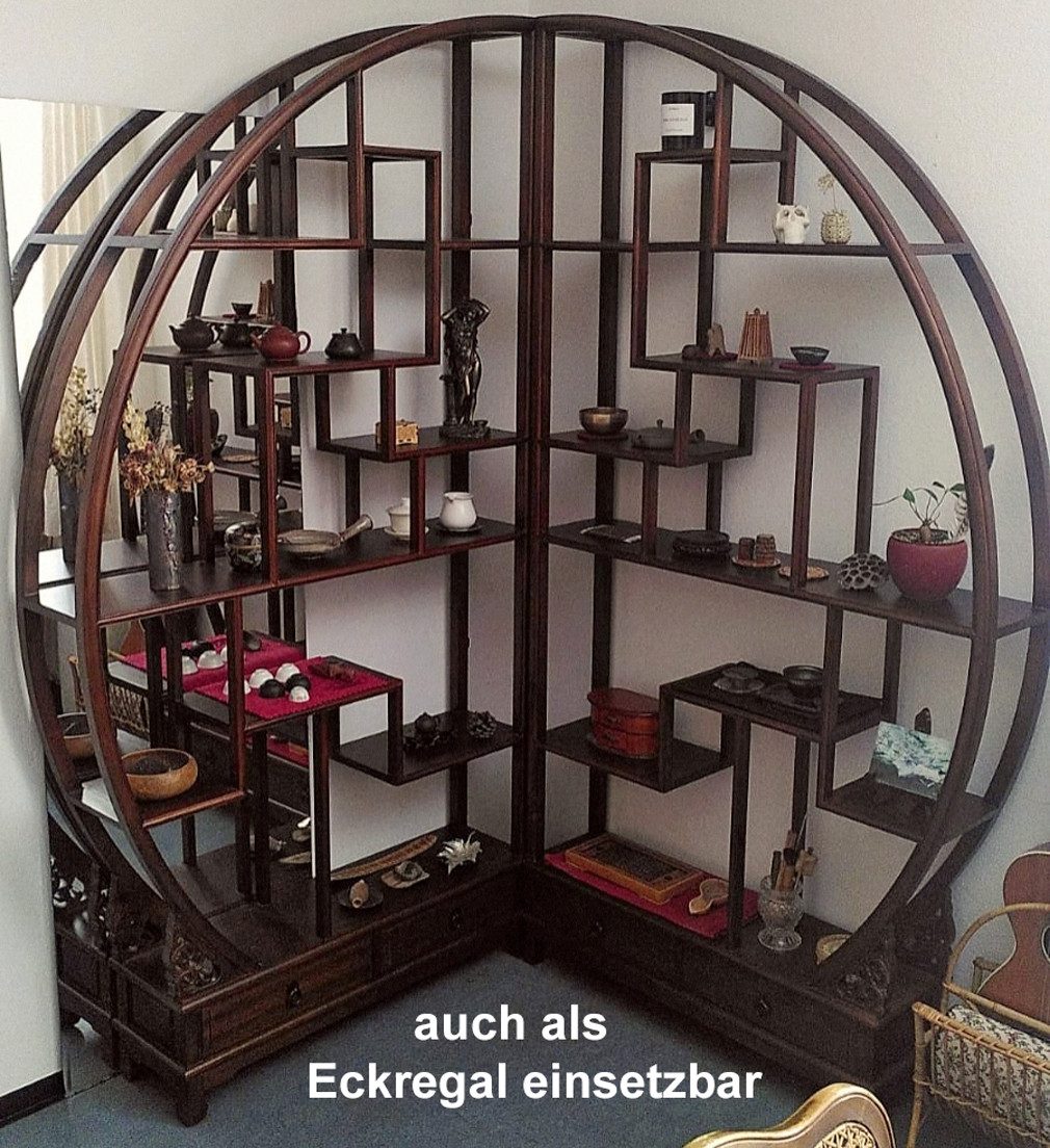 OPIUM OUTLET Wandregal Chinesisches Rundregal Eckregal offener runder Schrank Vitrine, aus Holz, Breite 206 cm, Höhe 198 cm, Tiefe 25 cm, Asiatischer Raumteiler, orientalisches Bücherboard, Vintage-Stil