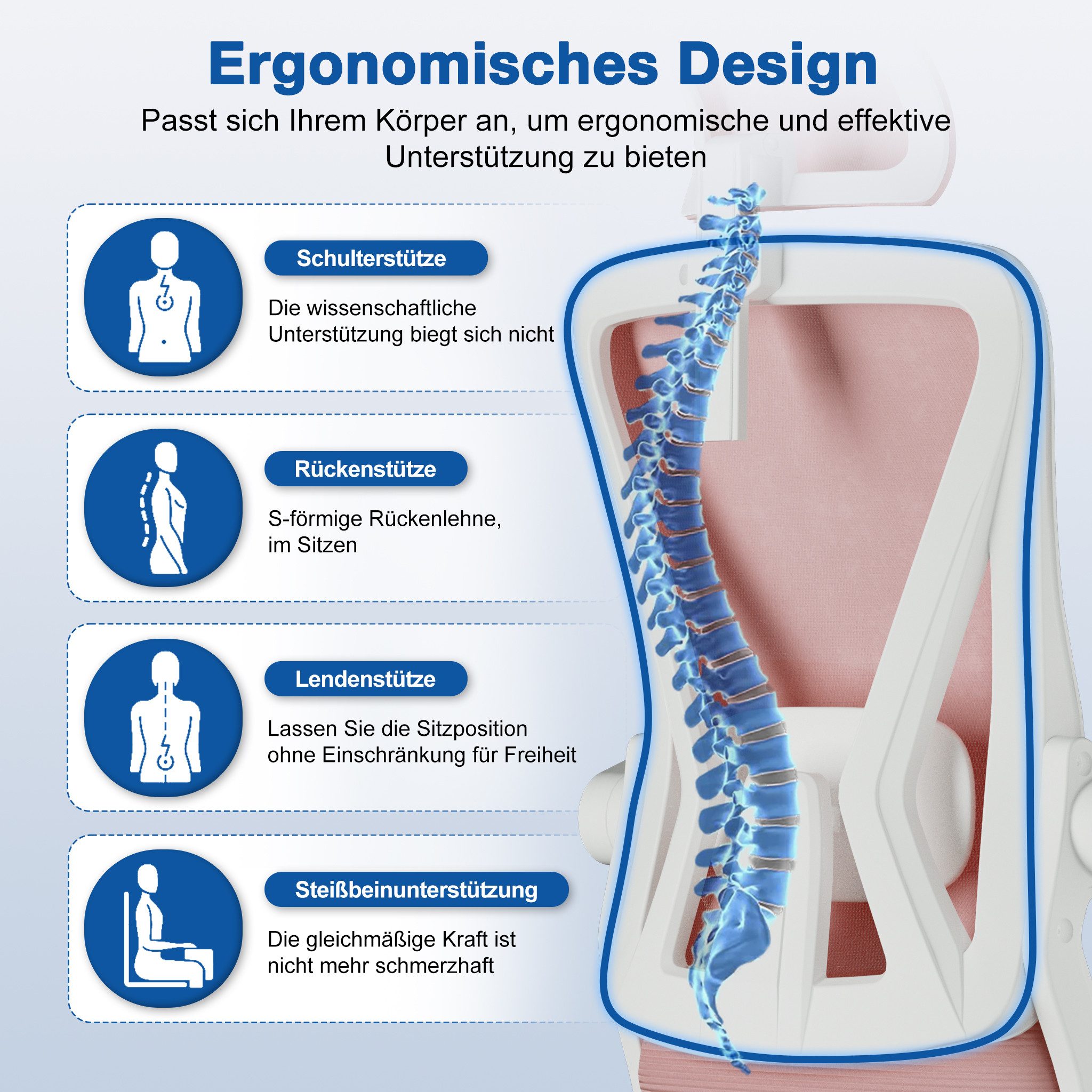 Adormii Bürostuhl Ergonomischer Bürostuhl mit klappbaren Armlehnen und Rückenlehnen (Drehstuhl mit Drehbare, höhenverstellbarer Kopfstütze, geräuscharme Rollen, 90°-135° Wippfunktion Bürostuhl, belastbar bis 150kg, Netz atmungsaktiv, Chefsessel), Leise Rollen, getestet und garantiert für 2-Jahre