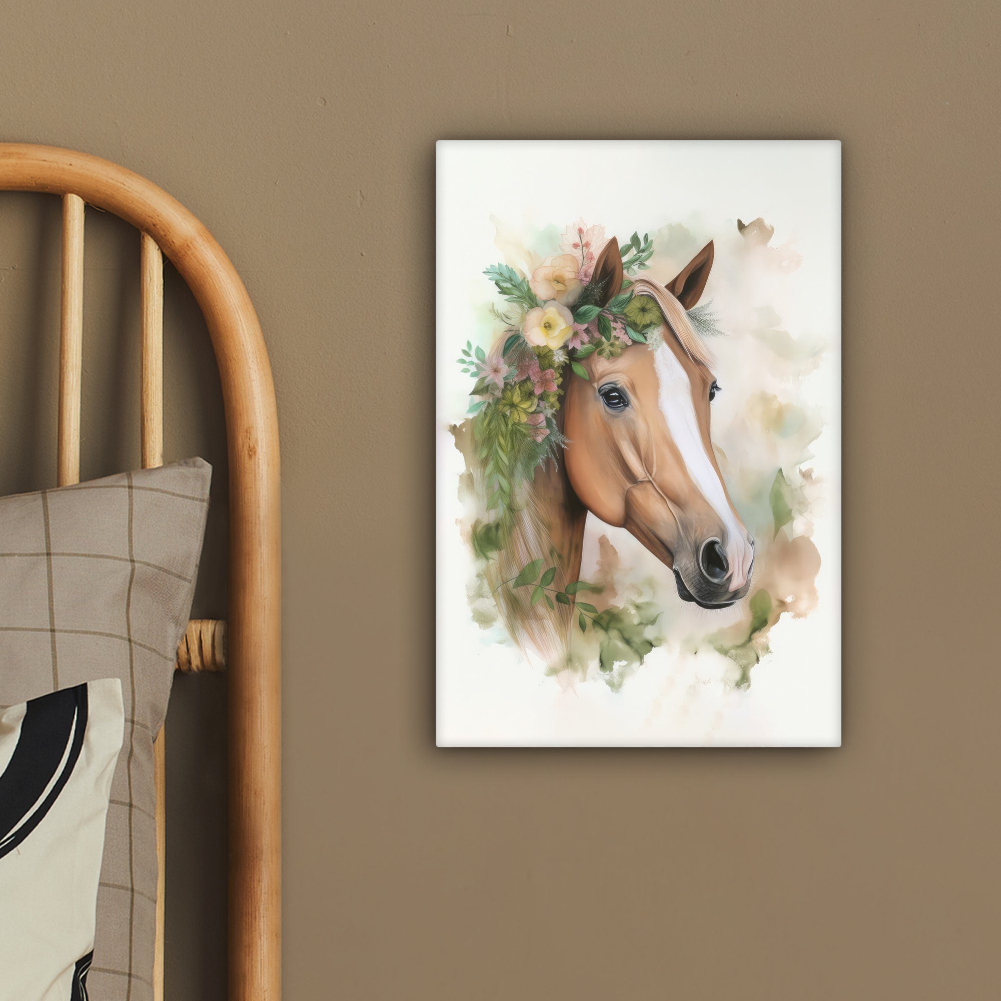 OneMillionCanvasses® Leinwandbild Pferd - Blumen - Natur - Tiere, Zackenaufhänger, Gemälde, 20x30 Leinwandbild (1 - inkl. fertig Aquarell bespannt cm St)