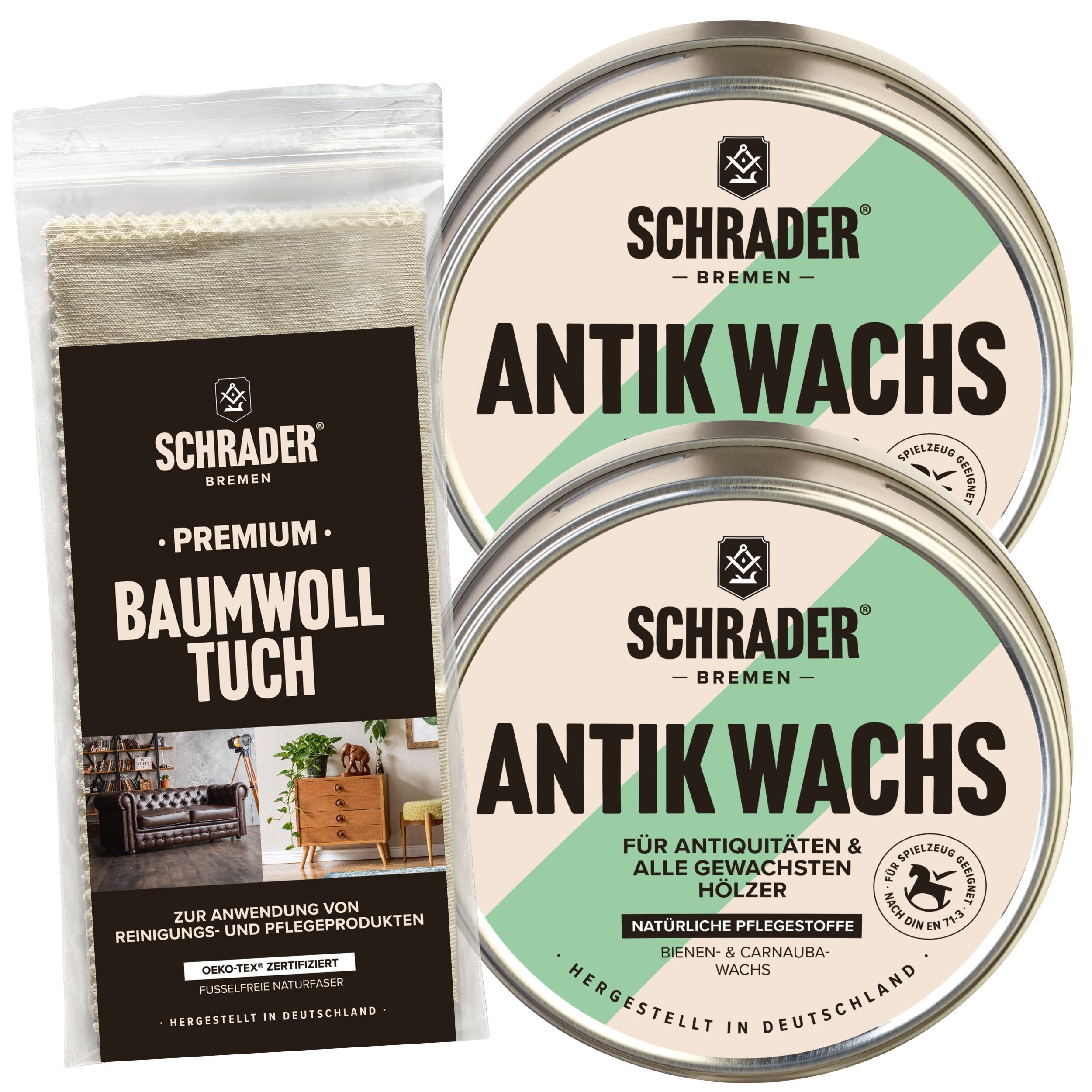 Antik Wachs + Baumwolltuch - dreiteiliges Set Holzreiniger