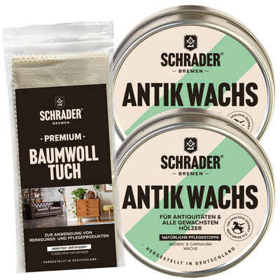 Schrader Antik Wachs + Baumwolltuch - dreiteiliges Set Holzreiniger (Pflegemittel für unbehandelte/gewachste Holzmöbel - Made in Germany)