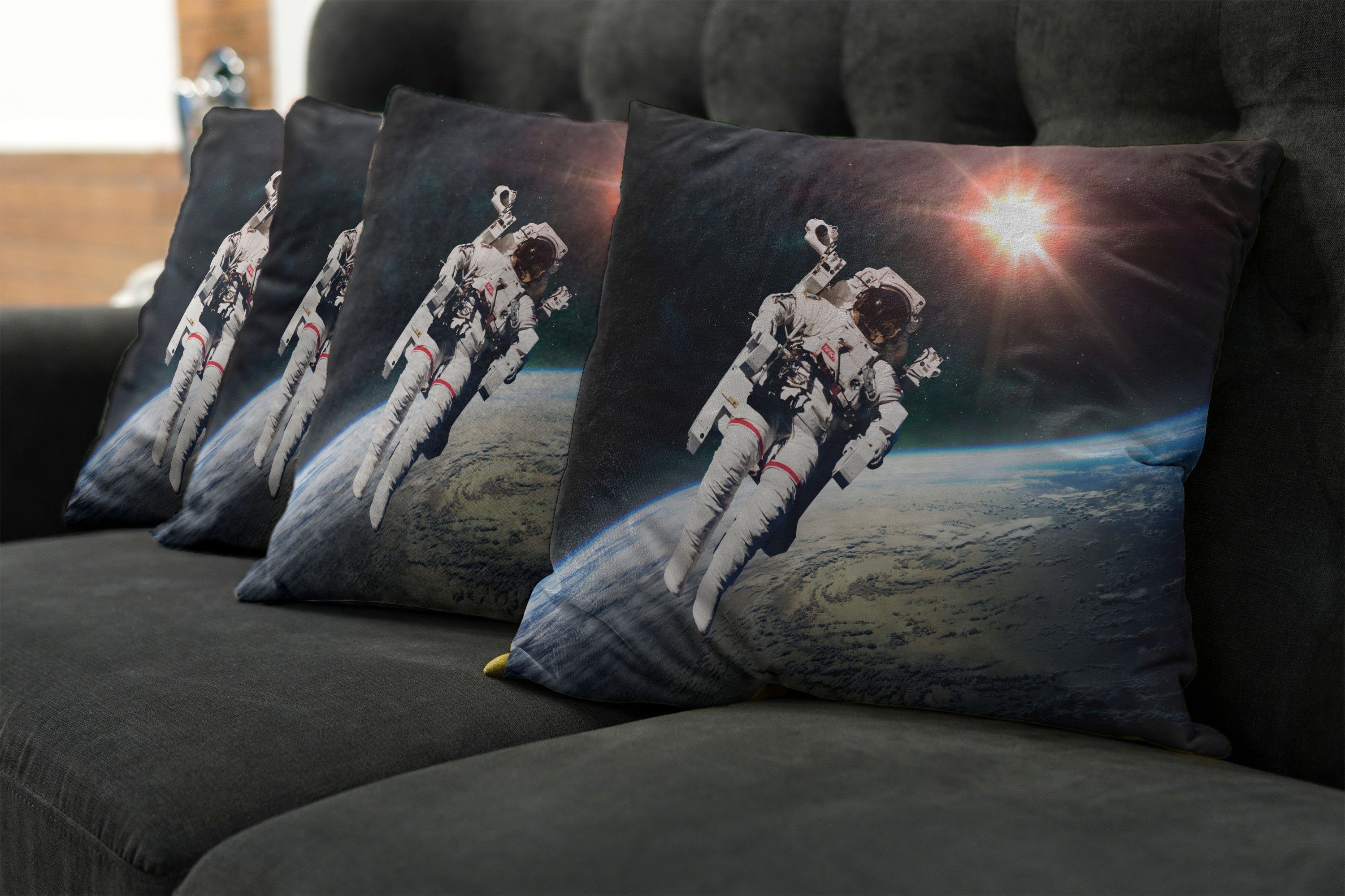 Kissenbezüge Modern Accent Doppelseitiger Digitaldruck, (4 Stück), Sun Galaxis Astronaut mit Abakuhaus Beams