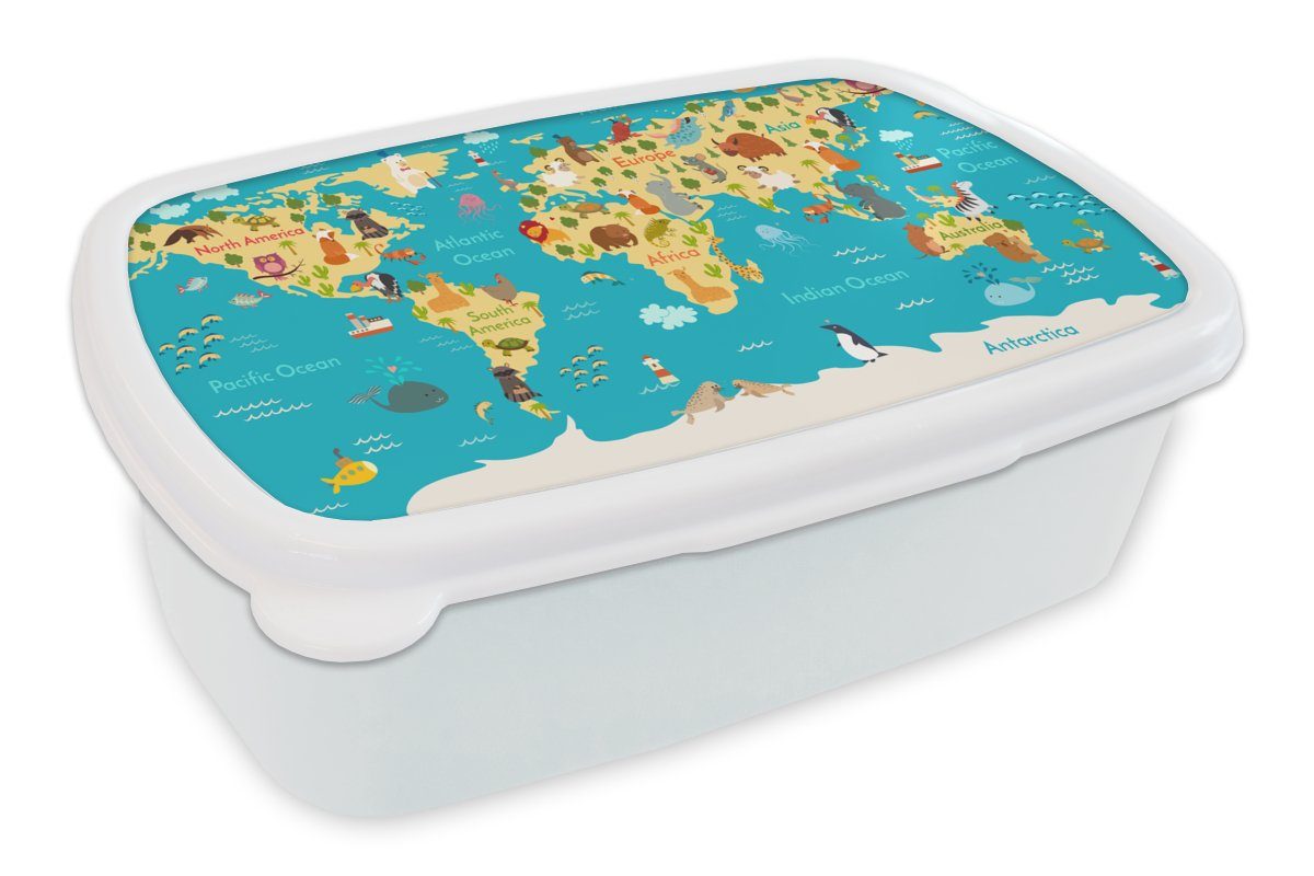MuchoWow Lunchbox Weltkarte - Kinder - Tiere - Gelb - Blau - Jungen - Mädchen, Kunststoff, (2-tlg), Brotbox für Kinder und Erwachsene, Brotdose, für Jungs und Mädchen weiß