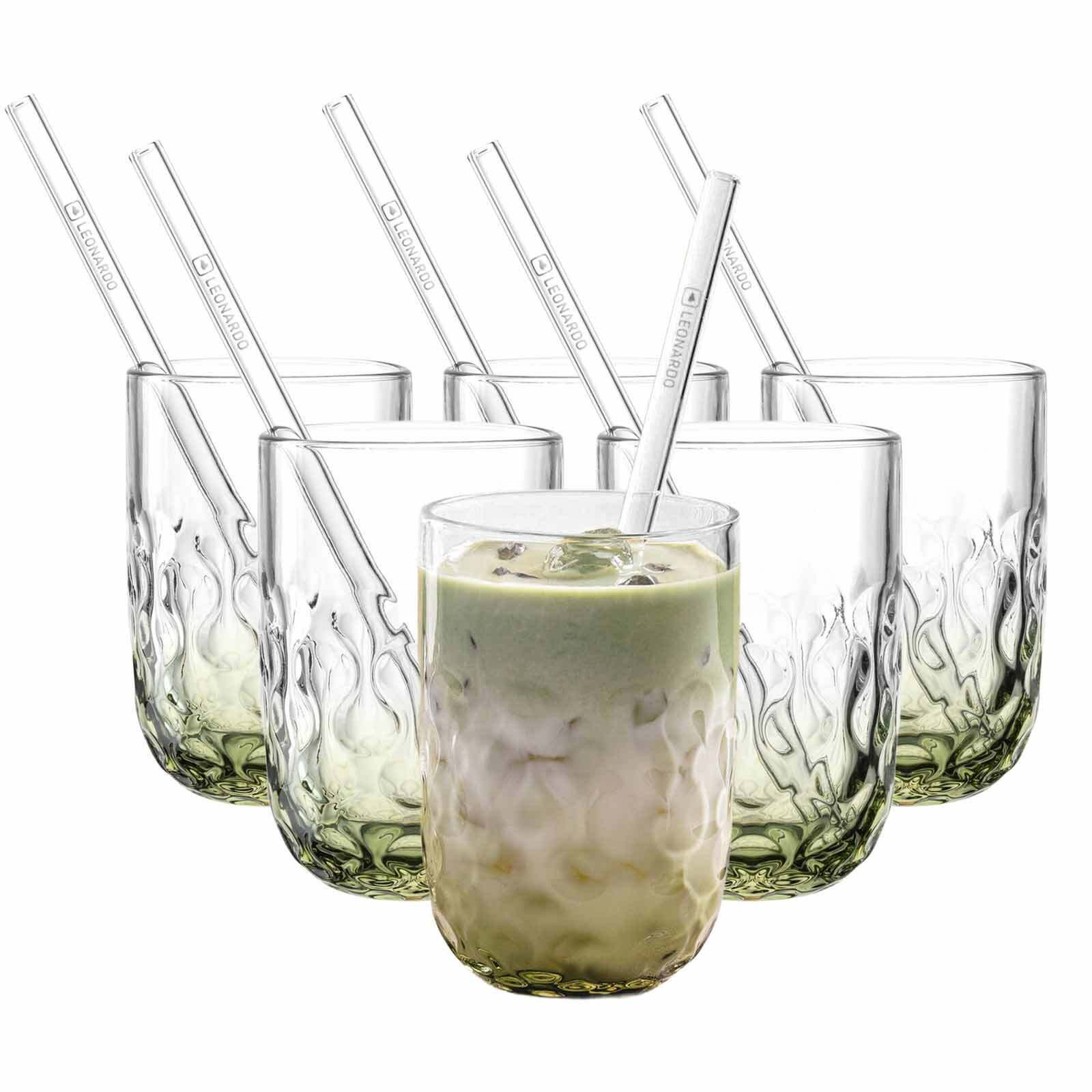 LEONARDO Latte-Macchiato-Glas Gocce Matcha Latte Gläser mit Glastrinkhalm (2), 12-tlg., Glas