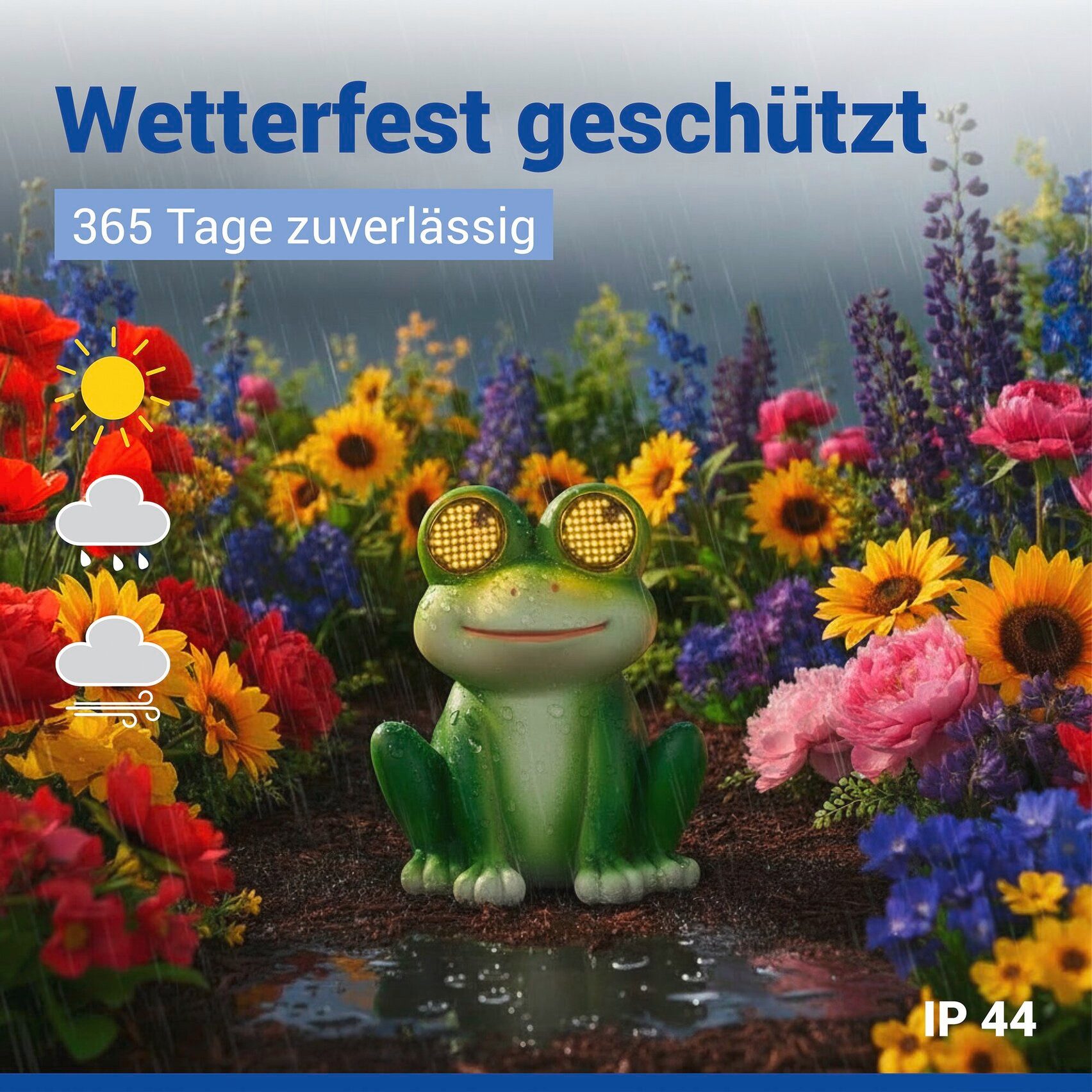 Maximex LED Dekofigur Modell Blinky Eyes Frosch, Ein-/Ausschalter, LED fest integriert, Warmweiß, solarbetriebene Gartenfigur mit leuchtenden Augen, für Garten  – Bild 5 von 5