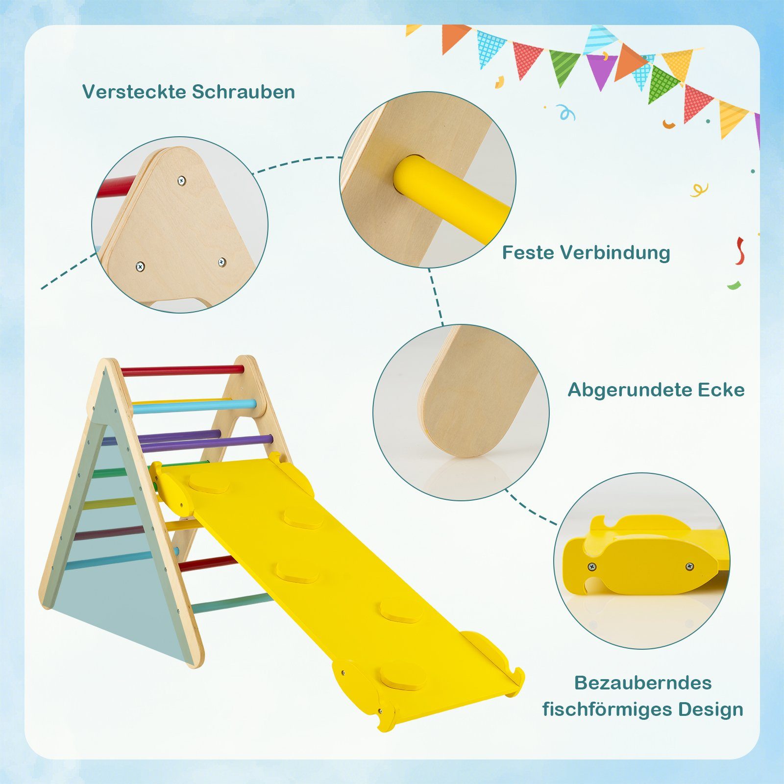  COSTWAY Klettergerüst 3 in 1 Kletterdreieck, mit Rampe, aus Holz Motiv 