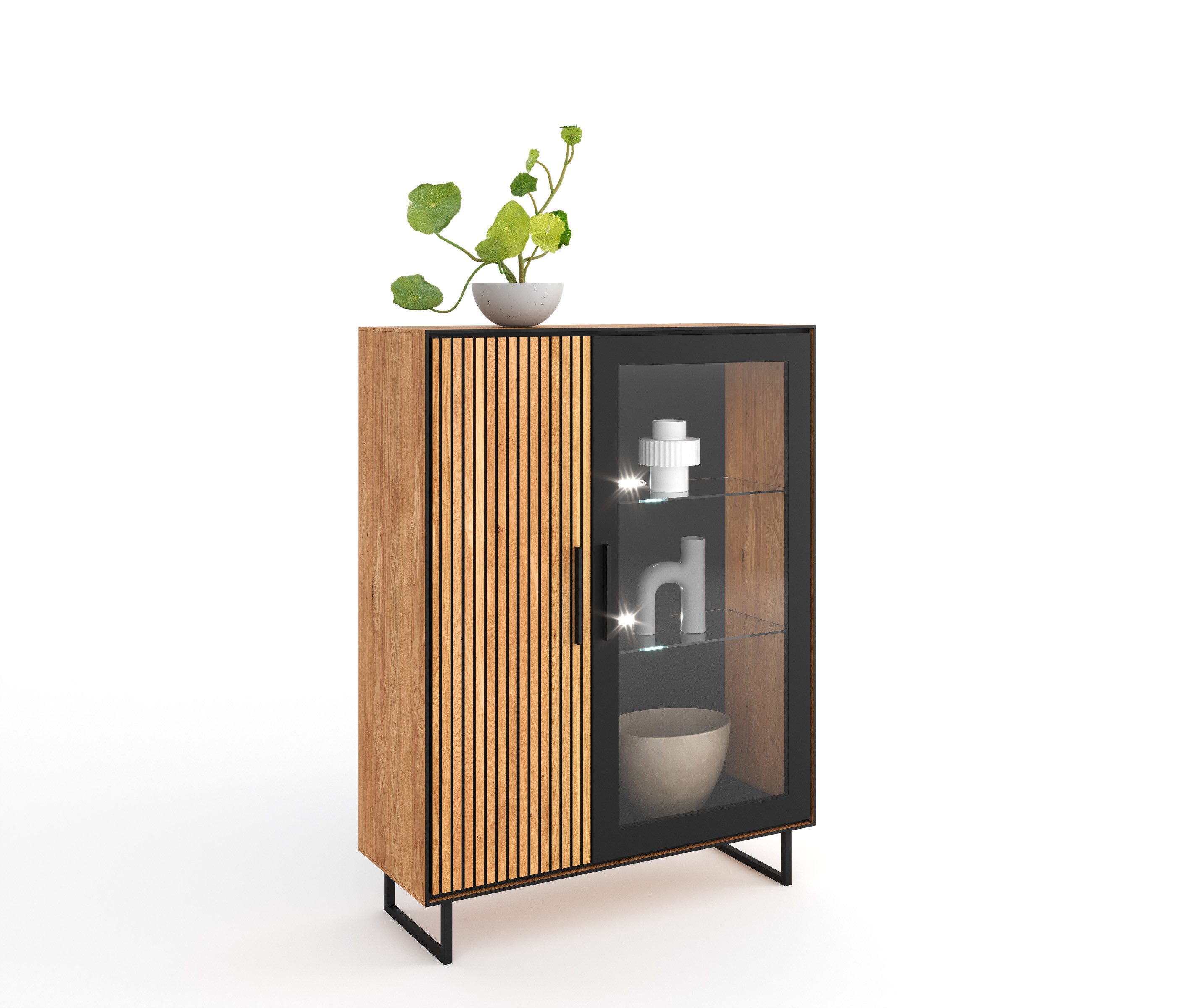 Lebenswert Vitrine Eddie in Eiche / schwarz, Eiche teilmassiv - 102x147x40cm (BxHxT)