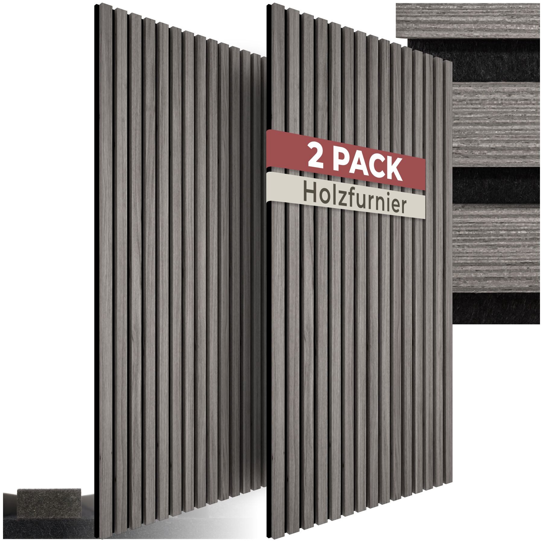 tectake Wandpaneel Akustikpaneele Sonic Wall, MDF und Echtholzfurnier - Eiche hellgrau, BxL: 60x120 cm, (2 tlg., 2-tlg., Größe flexibel anpassbar) schallabsorbierender Filz, einfache Montage mit Kleber oder Schrauben