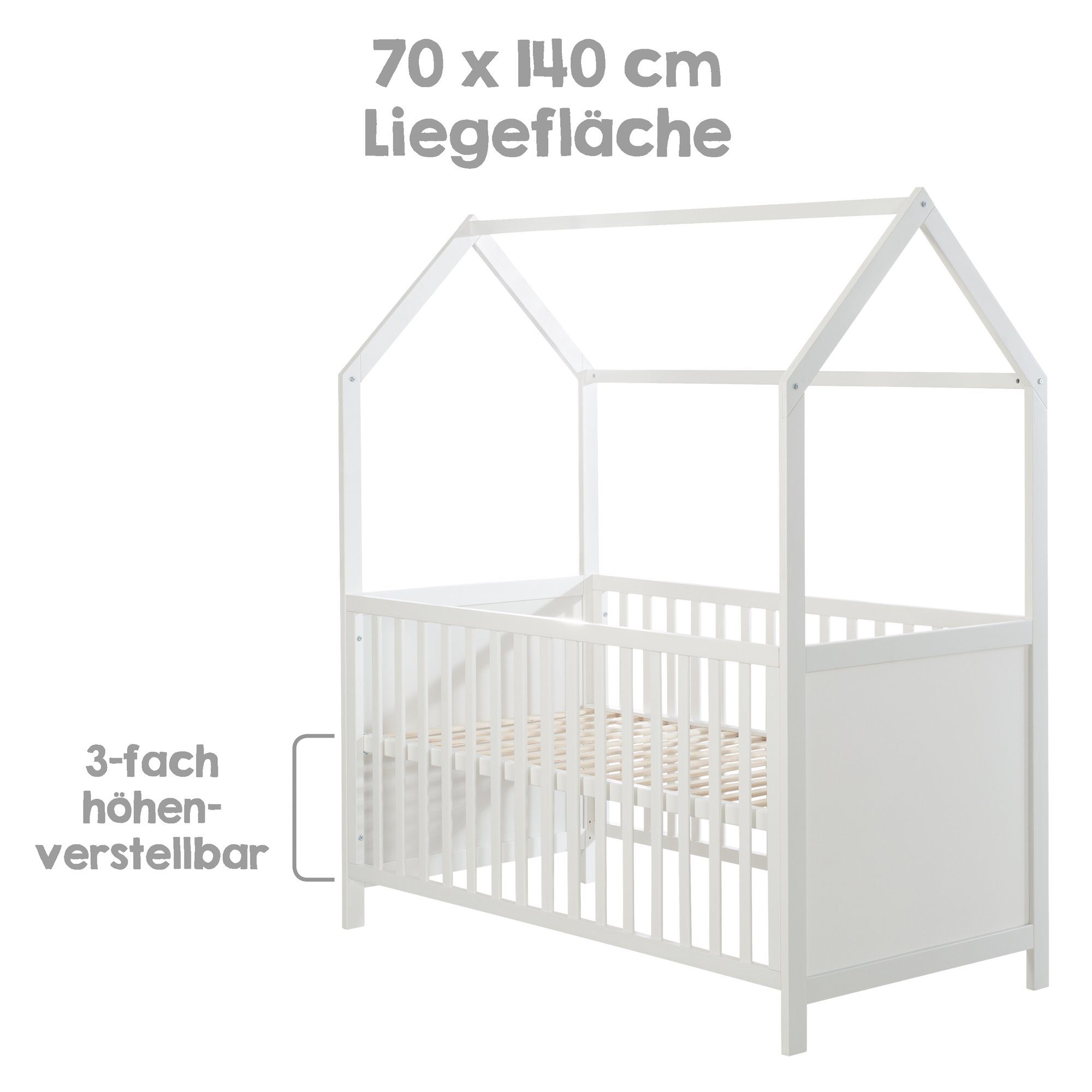 roba® Babybett Hausbett 70 x 140 cm, Babybett in Hausoptik, höhenverstellbar, Umbaubar zum Juniorbett