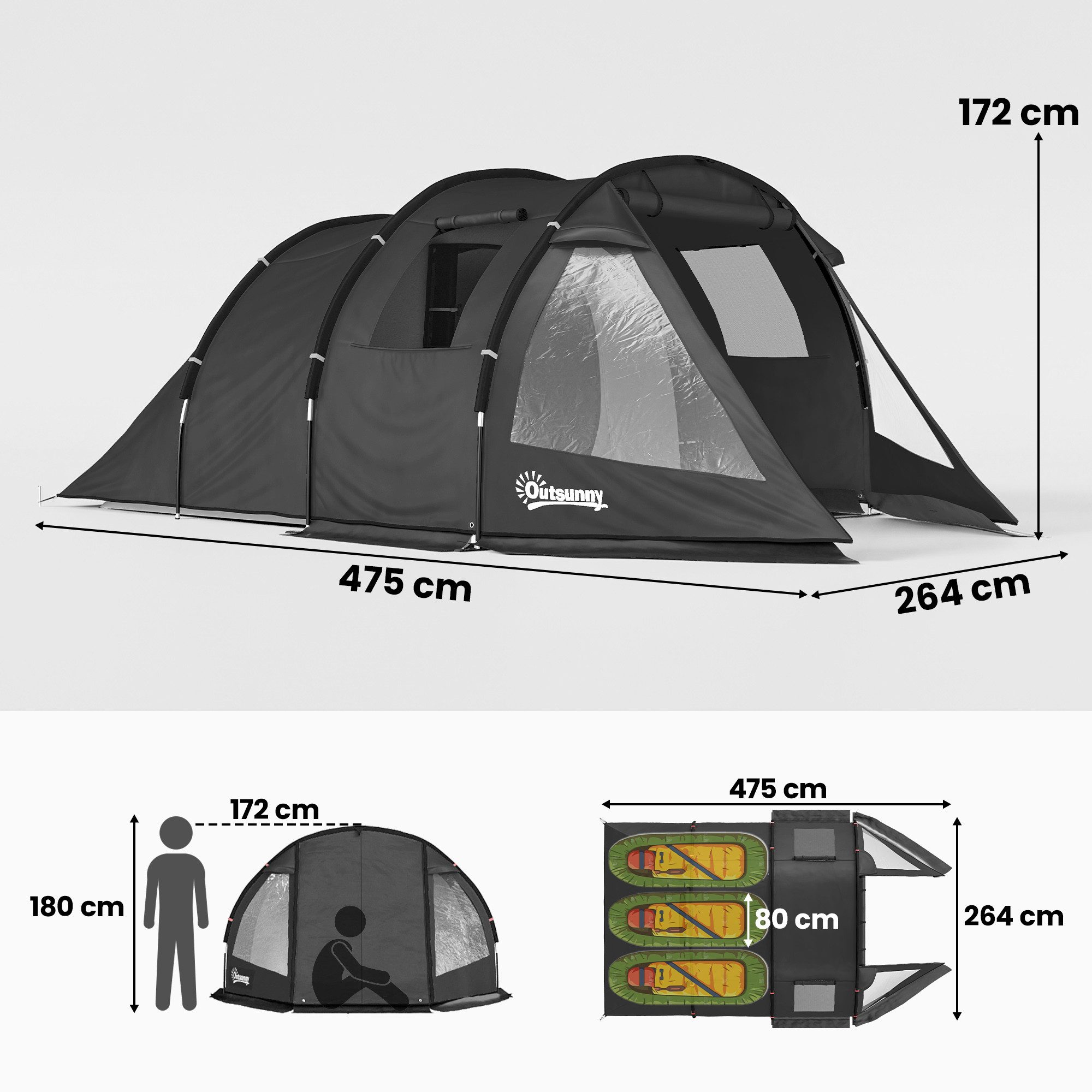 Outsunny Kuppelzelt Tunnelzelt für 3 Personen, Campingzelt mit Zwei Räumen, Personen: 3 (Festivalzelt, 1 tlg., Familienzelt), 2000 mm Wassersäule, für Trekking, Schwarz