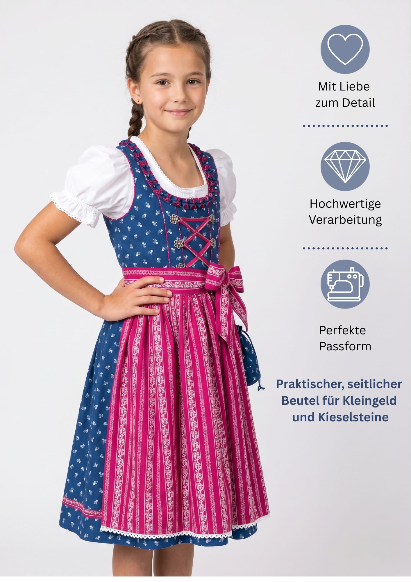 Nübler Dirndl Mädchen Dirndl im traditionellen Stil Kinder Trachten, Blau (Dirndl Set DEMI, 3-tlg., Dirndl Kleid mit Bluse und Schürze) Kinder Tracht im bayerischen Stil - Trachtenmode Kinder