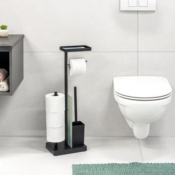 eluno WC-Garnitur 4in1, WC-Bürste, Rollenhalter, Ablage Glas/Metall schwarz