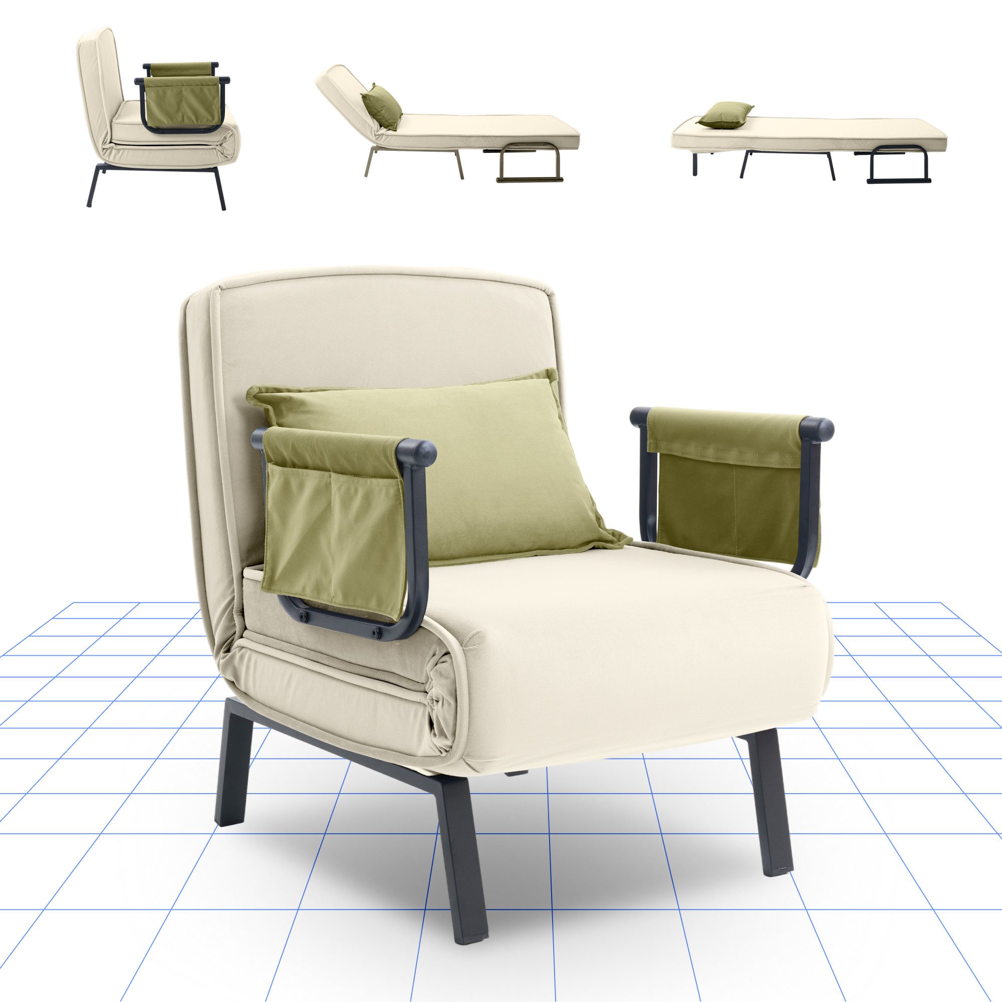 FLEXISPOT Loungesessel 3-in-1 Schlafsessel mit Bettfunktion, Verstellbare Rückenlehne (Gästebett & Schlafsofa aus Leinen mit Seitentasche, Klappbare Beine), Platzsparend für Wohnzimmer, Schlafzimmer oder Büro