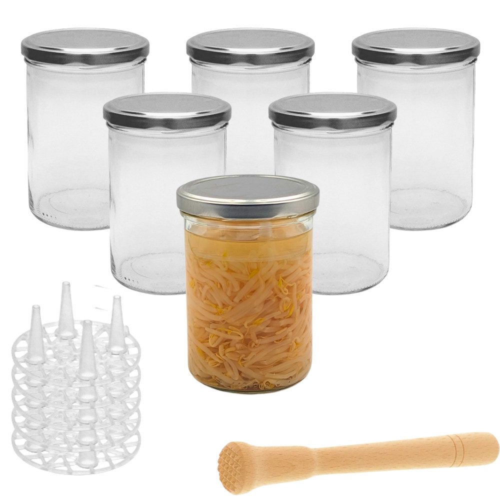 mikken Fermentationsglas Fermentier Set 6 Fermentiergläser 435 ml inkl Gitter und Stampfer, (Start-Set zum Fermentieren mit 6 Gläsern, 6er Set), Made in EU