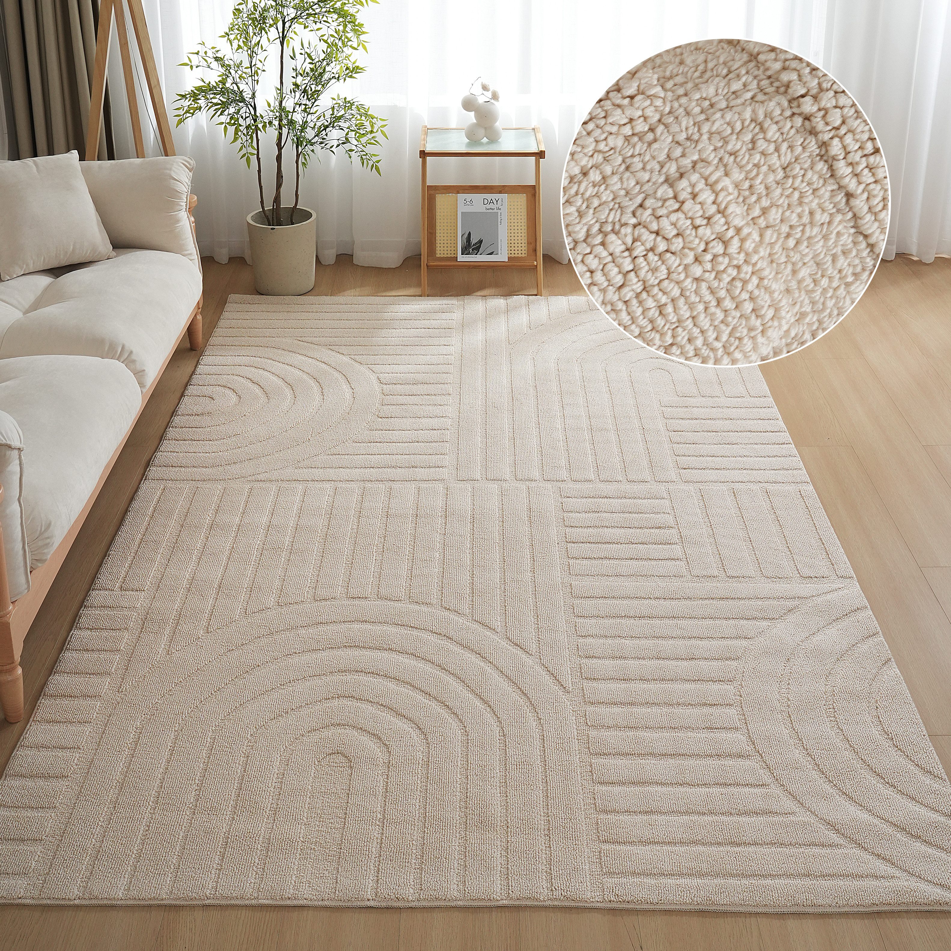 OTTO home Teppich Neele, Boho-Design, Hoch-Tief, waschbar, rechteckig, Höhe: 12 mm, 3D Optik, Skandinavisch, Designteppich, Wohnzimmer, Schlafzimmer
