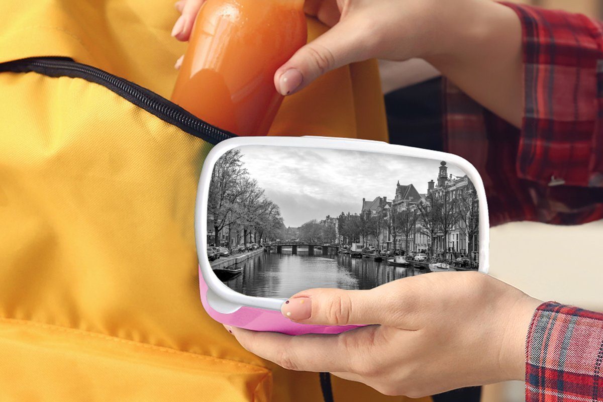 Kinder, Lunchbox in Brotdose Kunststoff, Brotbox Amsterdam rosa Snackbox, Mädchen, (2-tlg), Alltägliches der für Kunststoff Prinsengracht schwarz-weiß, Bild Erwachsene, MuchoWow -