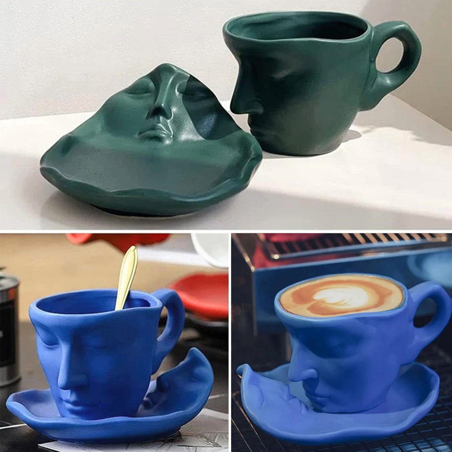 MAGICSHE Kaffeeservice Schwarz Untertasse Kaffeetasse Gesichtskuss Keramik Set, & 1 Personen