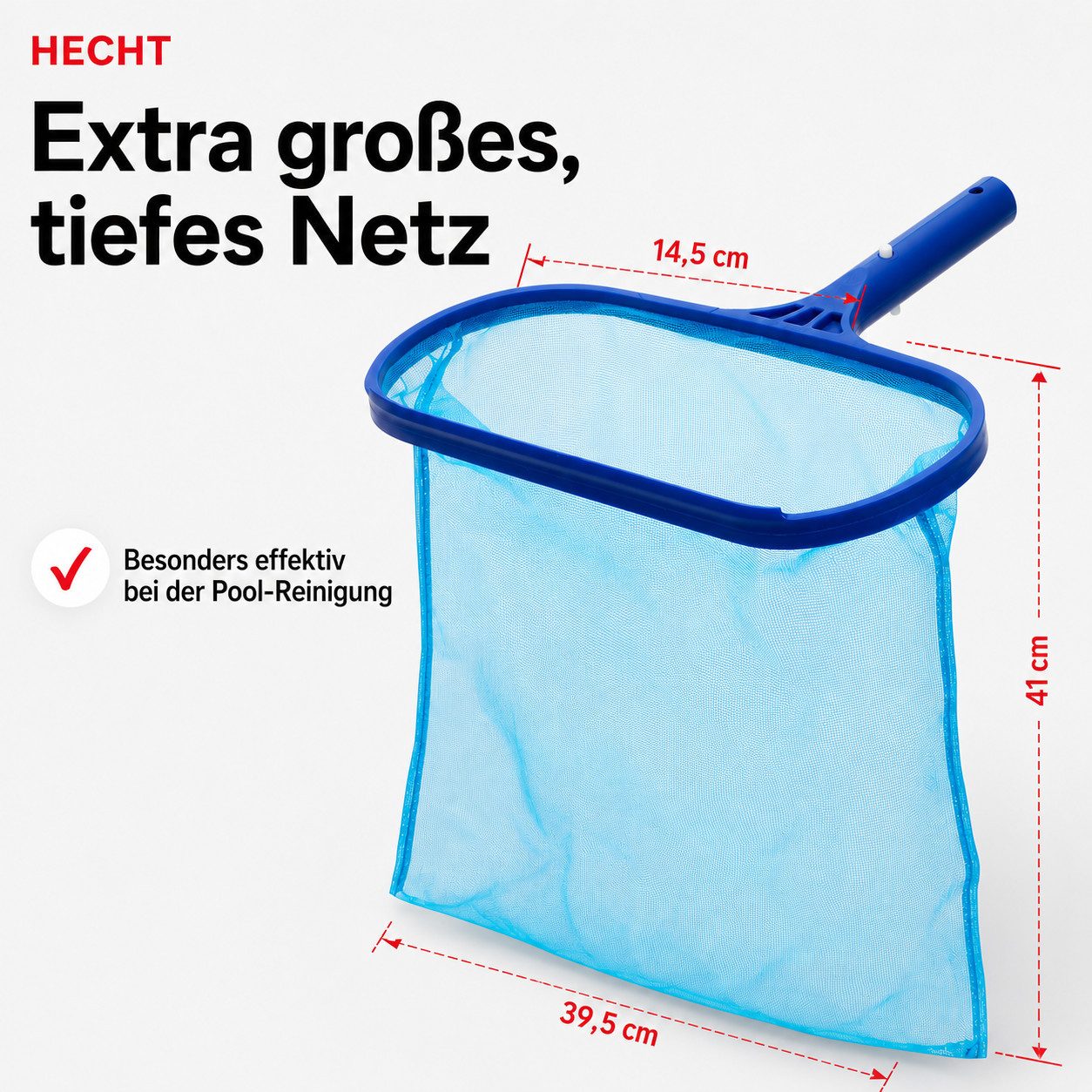 Hecht Kescher Pool Kescher optional mit Teleskopstange 2-fach ausziehbar 3,7 m (1-St), feinmaschiges Netz, Aluminium, 395 x 145 mm Netz