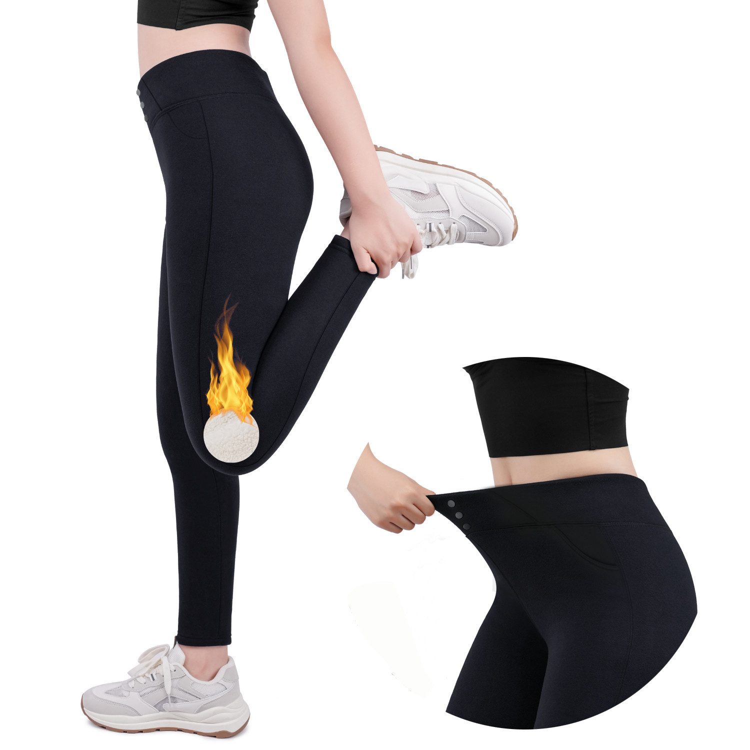 Frentree Thermoleggings Damen mit Fleece Gefütterte Thermo Leggings mit Taschen für Winter High Waist Strumpfhose Kuschelig Warm Elastisch Sport