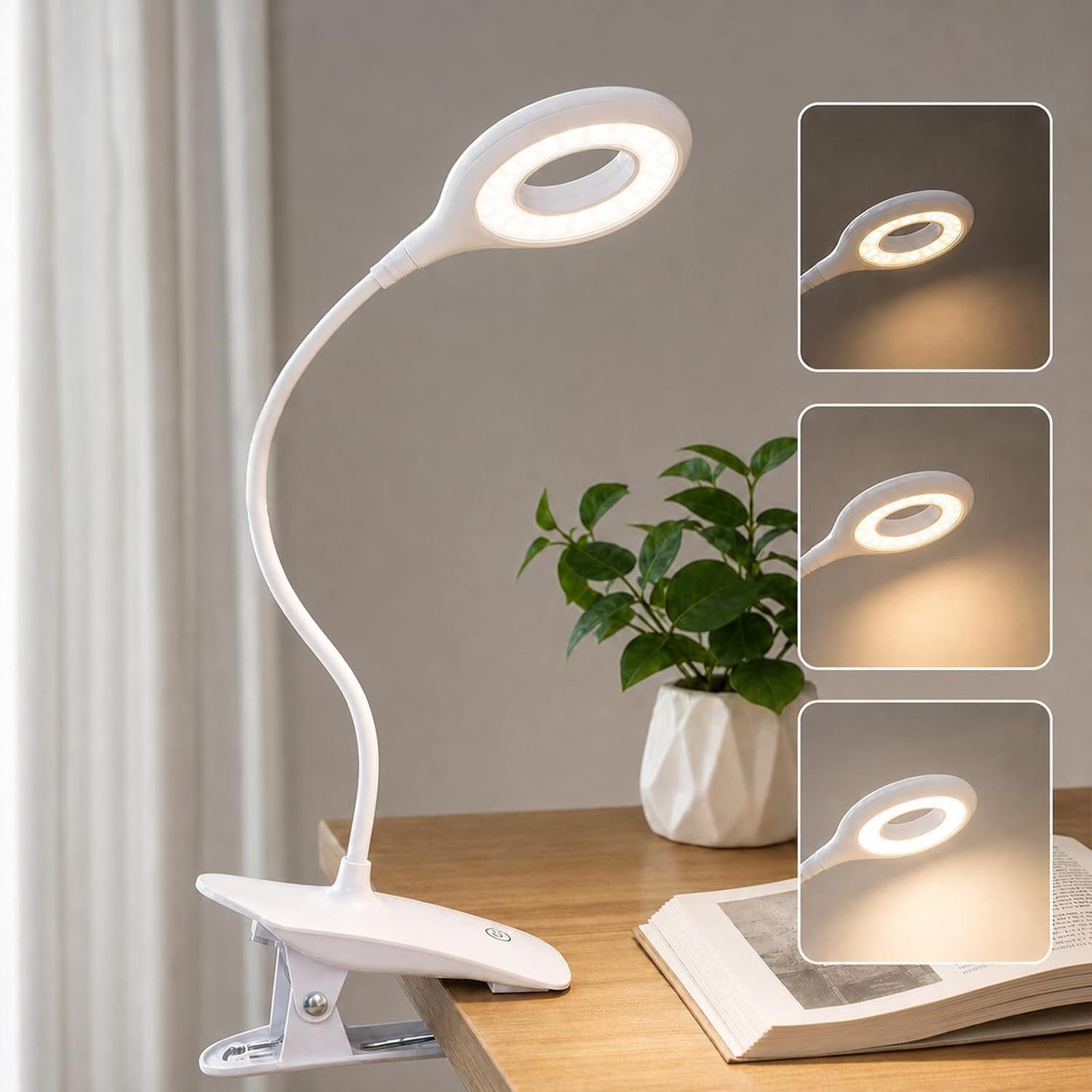 Fyrove LED Leselampe Leselampe Buch Klemme im Bett, USB Wiederaufladbare Leselicht, LED fest integriert, Warmweiß, Kaltweiß, Neutralweiß, Klemmlampe Augenschonende Leselampe Klemme mit 3 Helligkeitsstufen