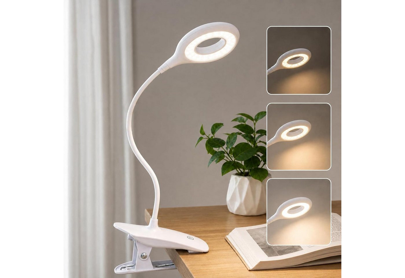 Fyrove LED Leselampe Leselampe Buch Klemme im Bett, USB Wiederaufladbare Leselicht, LED fest integriert, Warmweiß, Kaltweiß, Neutralweiß, Klemmlampe Augenschonende Leselampe Klemme mit 3 Helligkeitsstufen