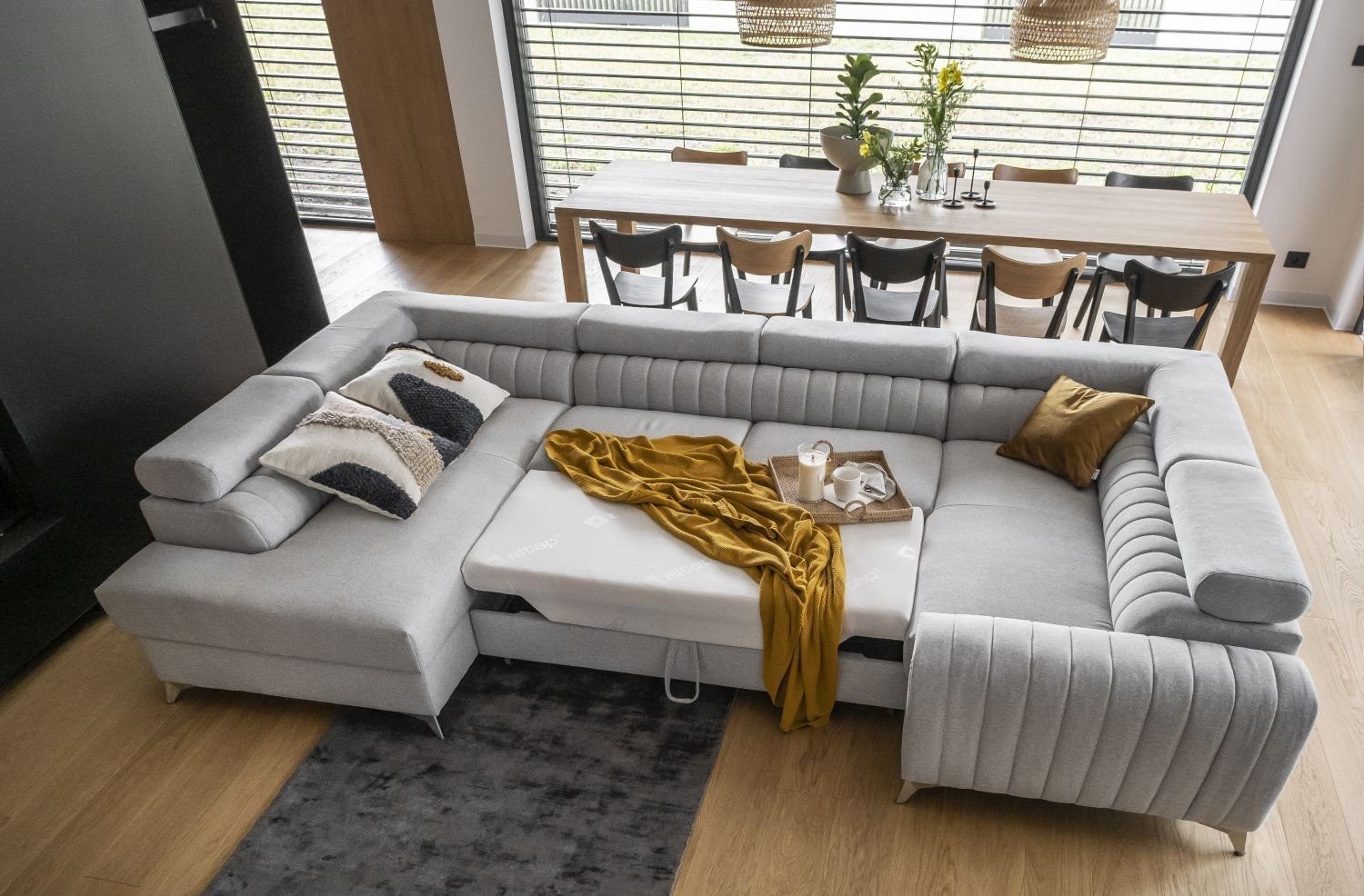 Lukas Möbel Wohnlandschaft Wohnlandschaft Linus mit Schlaffunktion Bettkasten XXL-Sofa in U-Form, mit verstellbaren Kopfstützen
