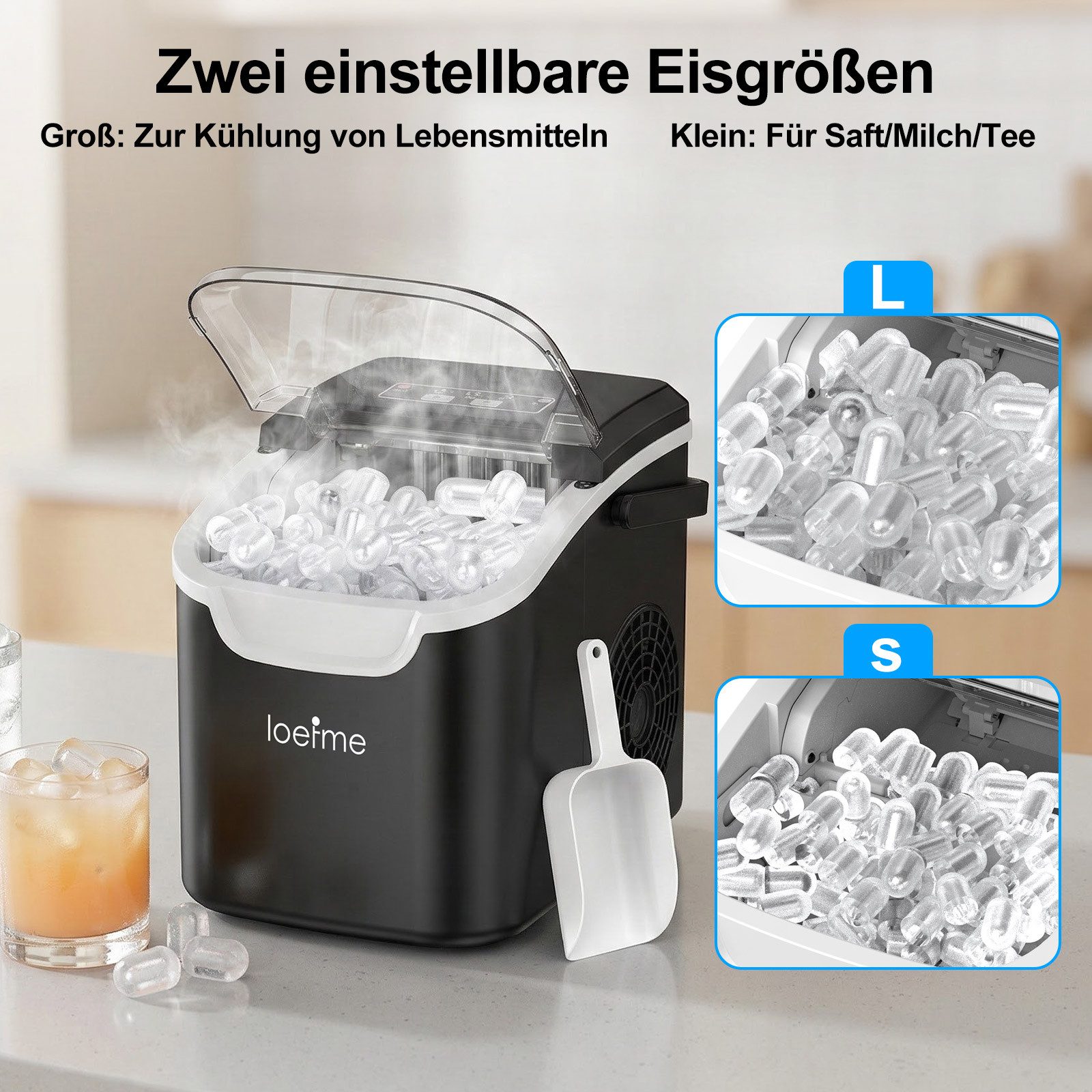 loefme Eiswürfelmaschine Tragbarer Eiswürfelbereiter, 6 Minuten Schnellproduktion, Selbstreinigung, leiser Betrieb, 12KG/24H, für Zuhause Party – Bild 4 von 5