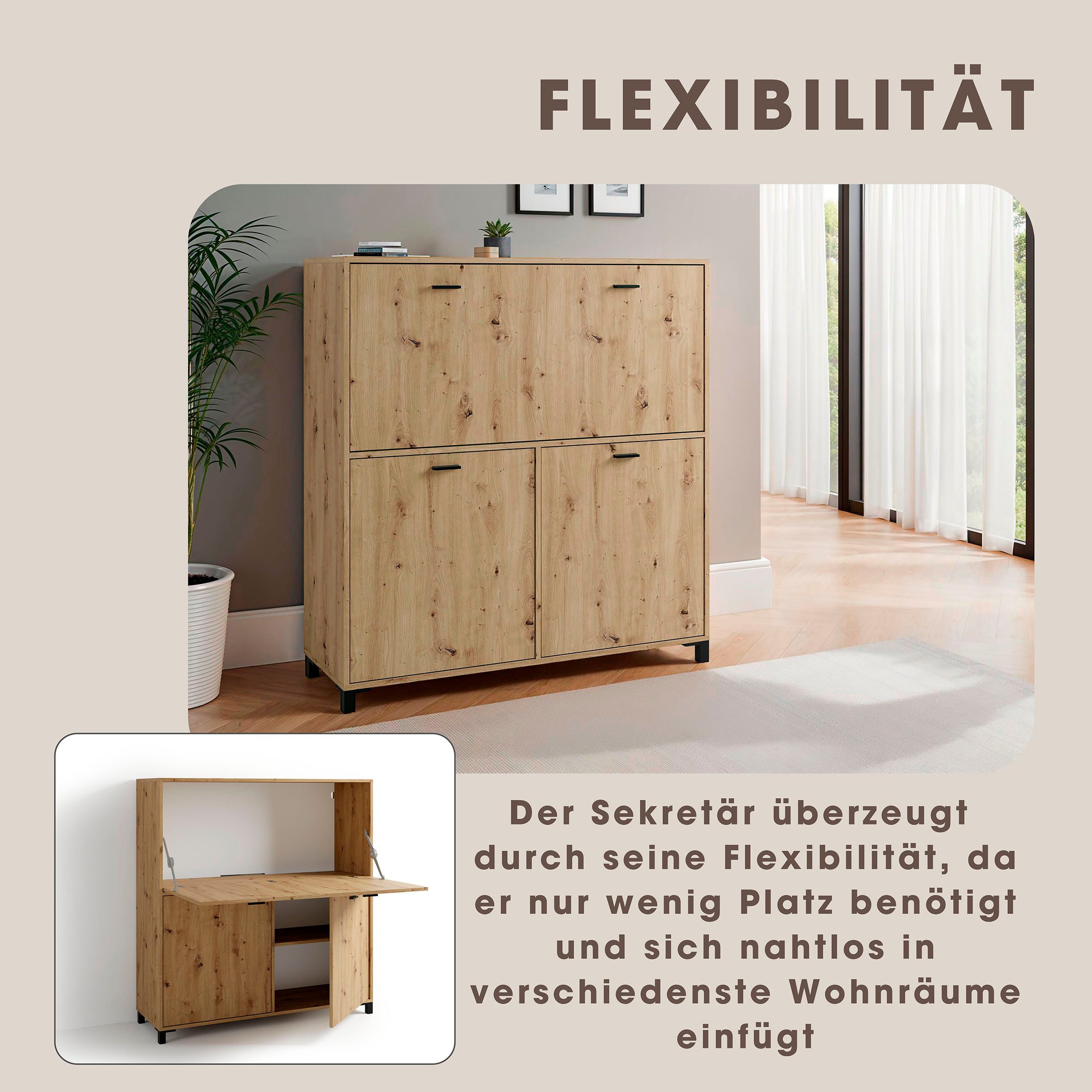 byLIVING Sekretär Montana, platzsparende Arbeitslösung mit viel Stauraum, Breite 120 cm